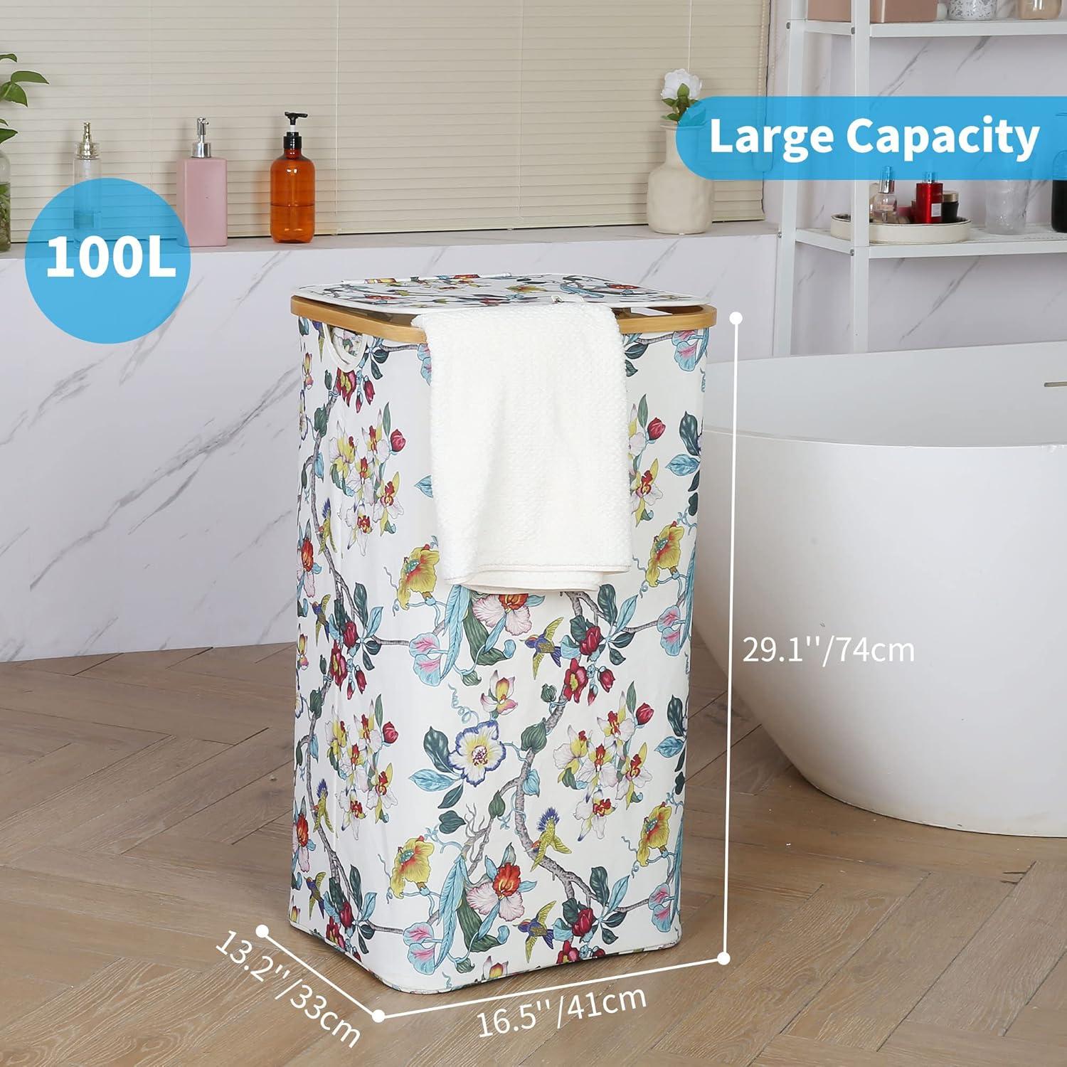 imageefluky Slim Laundry Basket with Lid Narrow Laundry Hamper with Removable Bag Skinny Dirty Clothes Basket with Bamboo Handles for Bathroom Bedroom amp Laundry Room 75L PinkFloral