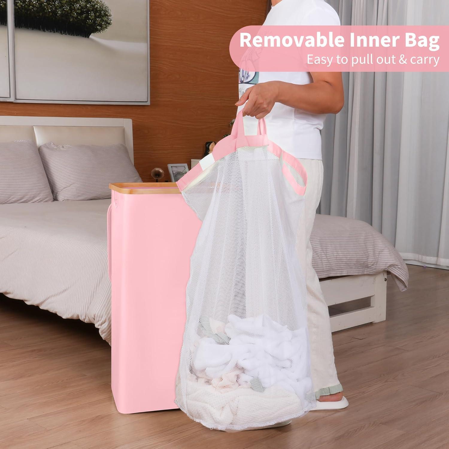 imageefluky Slim Laundry Basket with Lid Narrow Laundry Hamper with Removable Bag Skinny Dirty Clothes Basket with Bamboo Handles for Bathroom Bedroom amp Laundry Room 75L PinkPastel