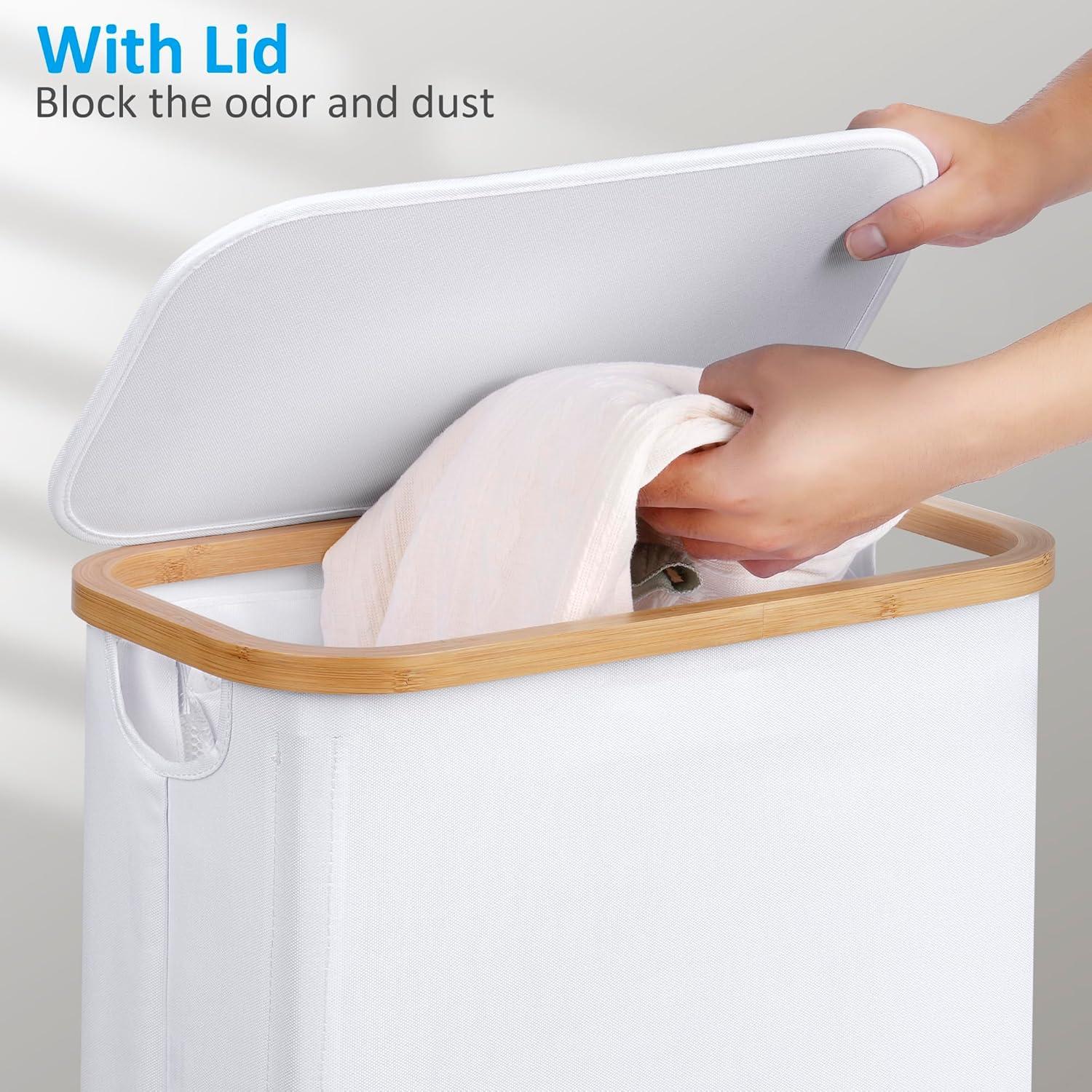 imageefluky Slim Laundry Basket with Lid Narrow Laundry Hamper with Removable Bag Skinny Dirty Clothes Basket with Bamboo Handles for Bathroom Bedroom amp Laundry Room 75L PinkWhite