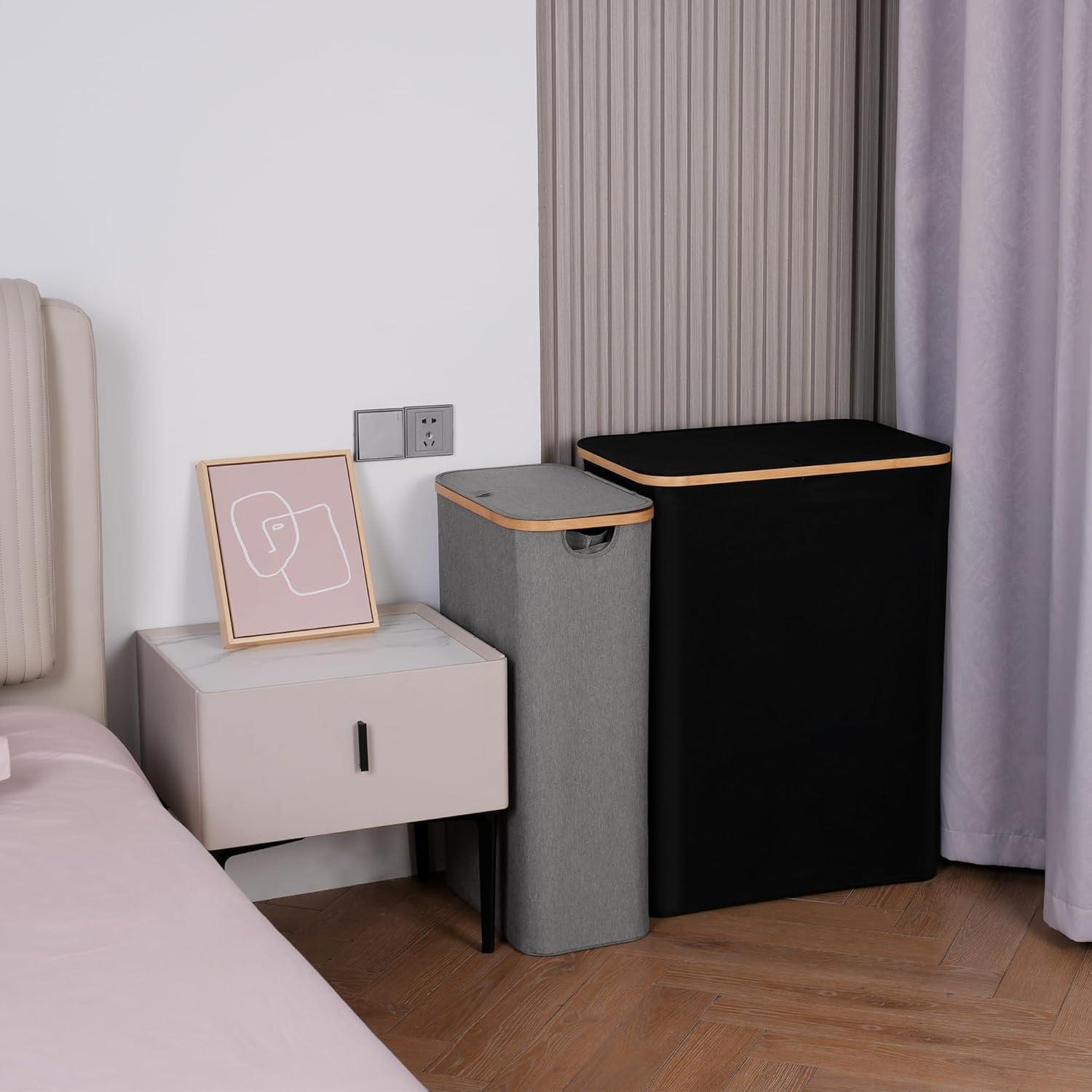 imageefluky Slim Laundry Basket with Lid Narrow Laundry Hamper with Removable Bag Skinny Dirty Clothes Basket with Bamboo Handles for Bathroom Bedroom amp Laundry Room 75L PinkGrey