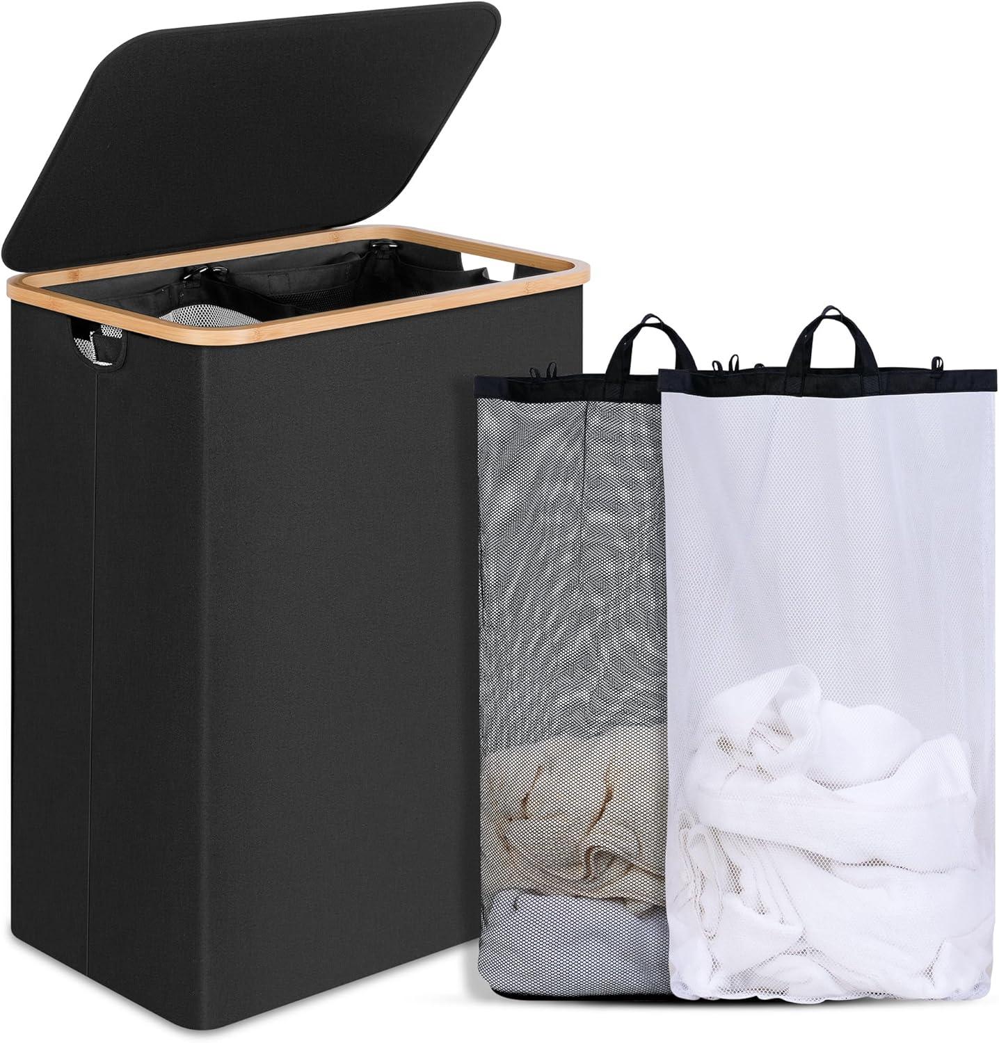 imageefluky Slim Laundry Basket with Lid Narrow Laundry Hamper with Removable Bag Skinny Dirty Clothes Basket with Bamboo Handles for Bathroom Bedroom amp Laundry Room 75L PinkBlack