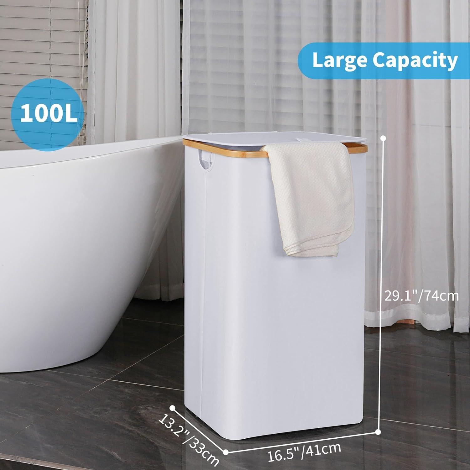 imageefluky Slim Laundry Basket with Lid Narrow Laundry Hamper with Removable Bag Skinny Dirty Clothes Basket with Bamboo Handles for Bathroom Bedroom amp Laundry Room 75L PinkWhite