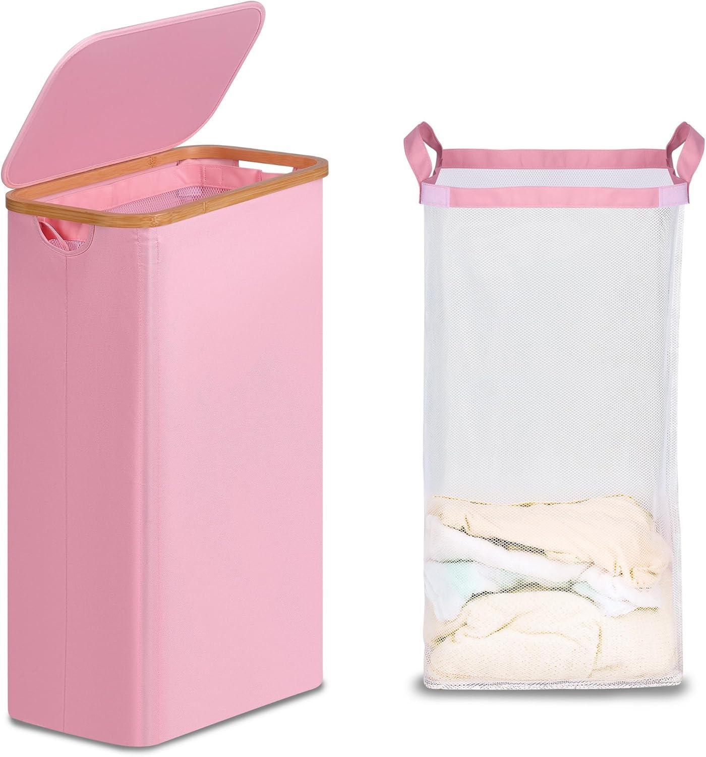 imageefluky Slim Laundry Basket with Lid Narrow Laundry Hamper with Removable Bag Skinny Dirty Clothes Basket with Bamboo Handles for Bathroom Bedroom amp Laundry Room 75L PinkPink