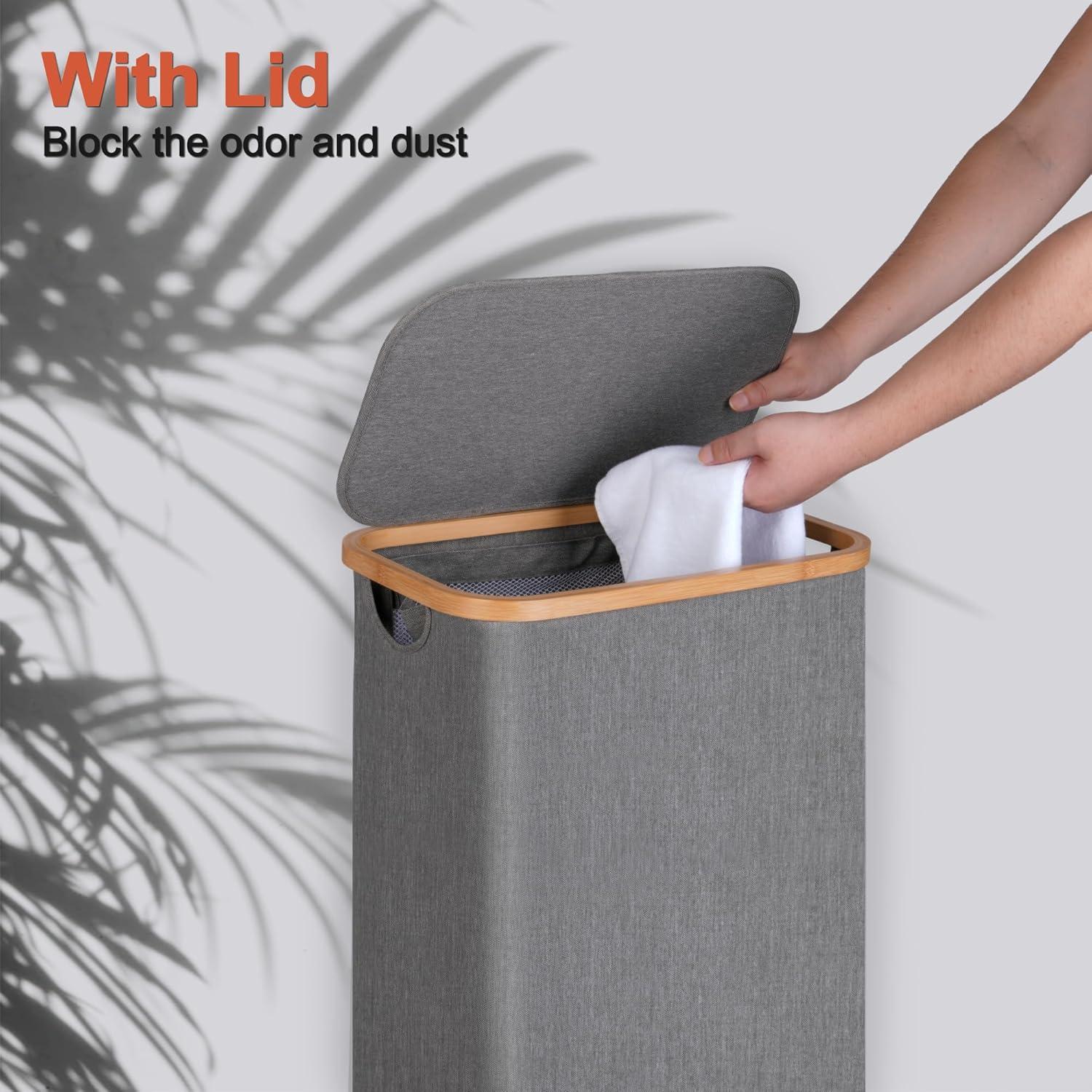 imageefluky Slim Laundry Basket with Lid Narrow Laundry Hamper with Removable Bag Skinny Dirty Clothes Basket with Bamboo Handles for Bathroom Bedroom amp Laundry Room 75L PinkGrey