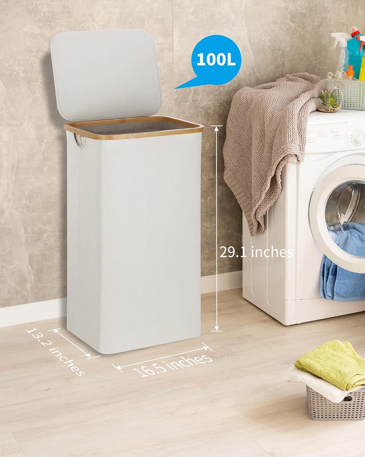 imageefluky Slim Laundry Basket with Lid Narrow Laundry Hamper with Removable Bag Skinny Dirty Clothes Basket with Bamboo Handles for Bathroom Bedroom amp Laundry Room 75L PinkLight Grey