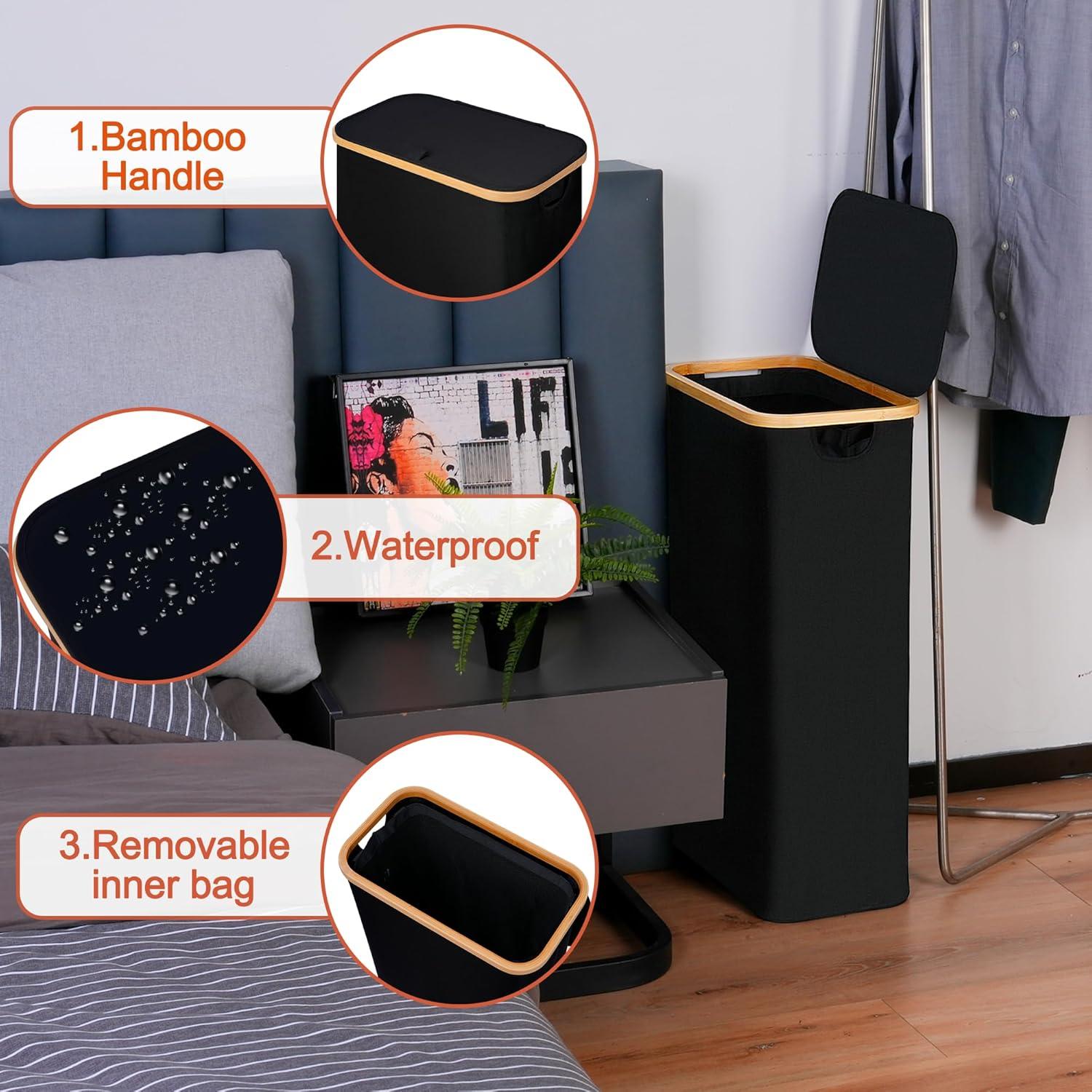 imageefluky Slim Laundry Basket with Lid Narrow Laundry Hamper with Removable Bag Skinny Dirty Clothes Basket with Bamboo Handles for Bathroom Bedroom amp Laundry Room 75L PinkBlack
