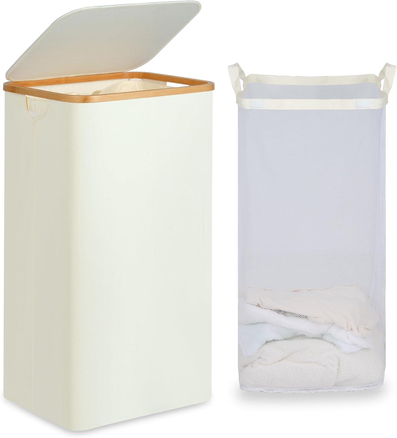imageefluky Slim Laundry Basket with Lid Narrow Laundry Hamper with Removable Bag Skinny Dirty Clothes Basket with Bamboo Handles for Bathroom Bedroom amp Laundry Room 75L PinkBeige