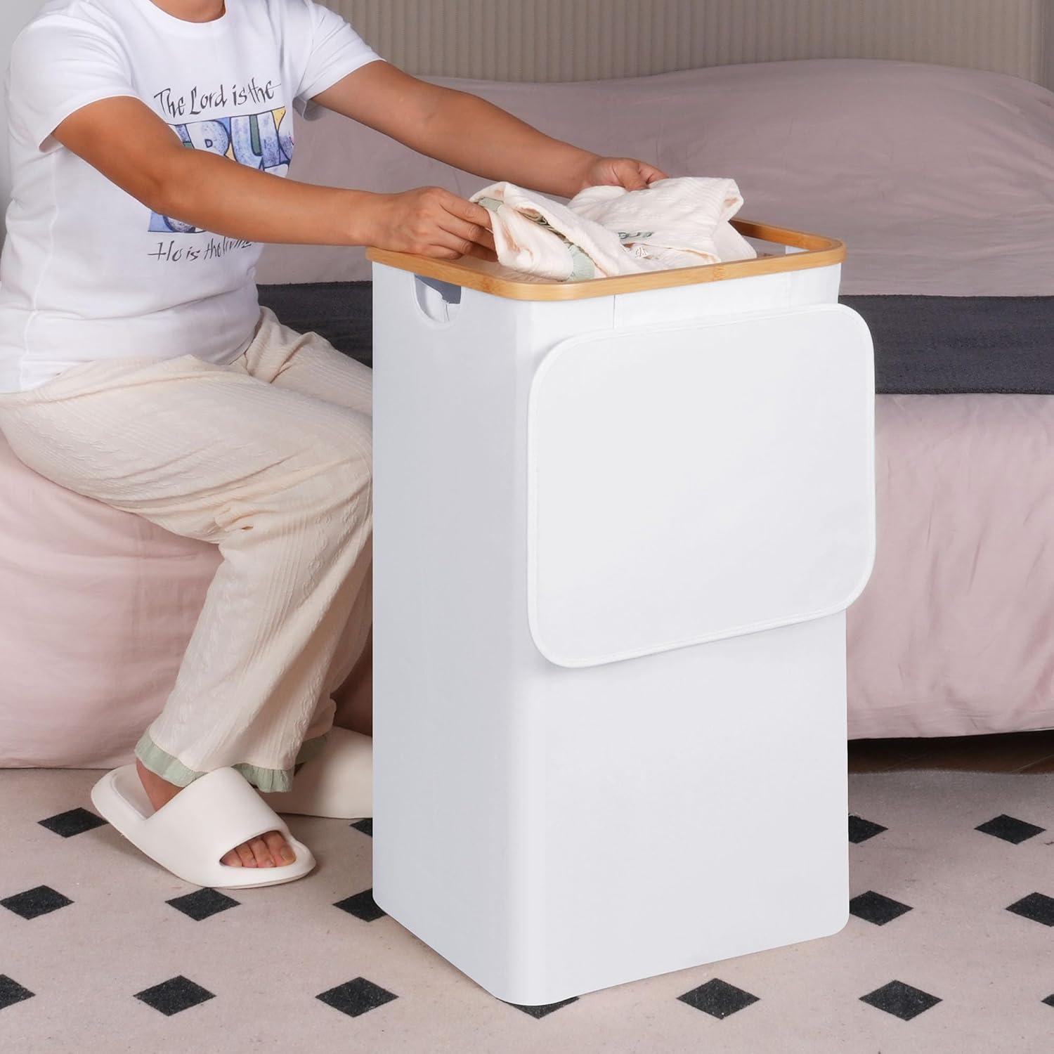 imageefluky Slim Laundry Basket with Lid Narrow Laundry Hamper with Removable Bag Skinny Dirty Clothes Basket with Bamboo Handles for Bathroom Bedroom amp Laundry Room 75L PinkWhite