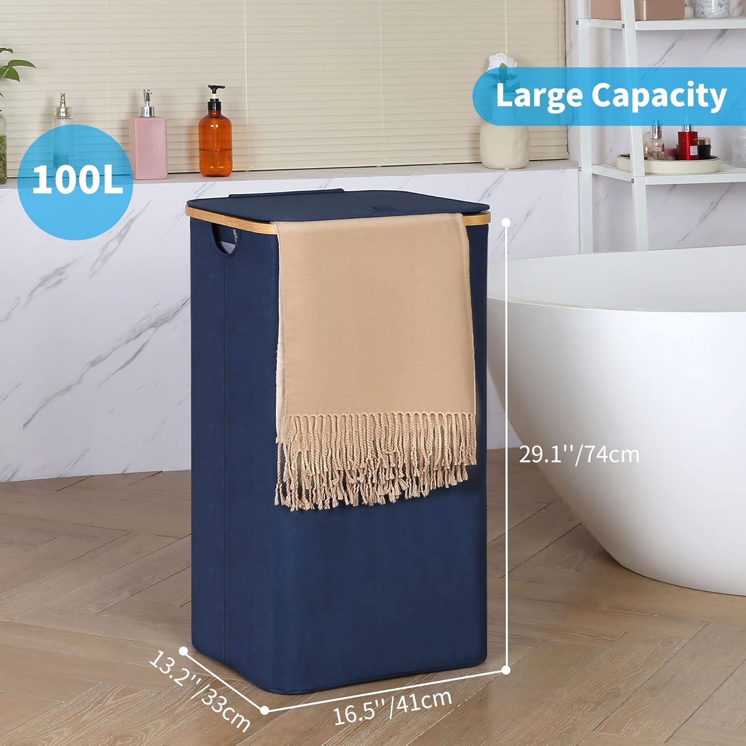 imageefluky Slim Laundry Basket with Lid Narrow Laundry Hamper with Removable Bag Skinny Dirty Clothes Basket with Bamboo Handles for Bathroom Bedroom amp Laundry Room 75L PinkBlue