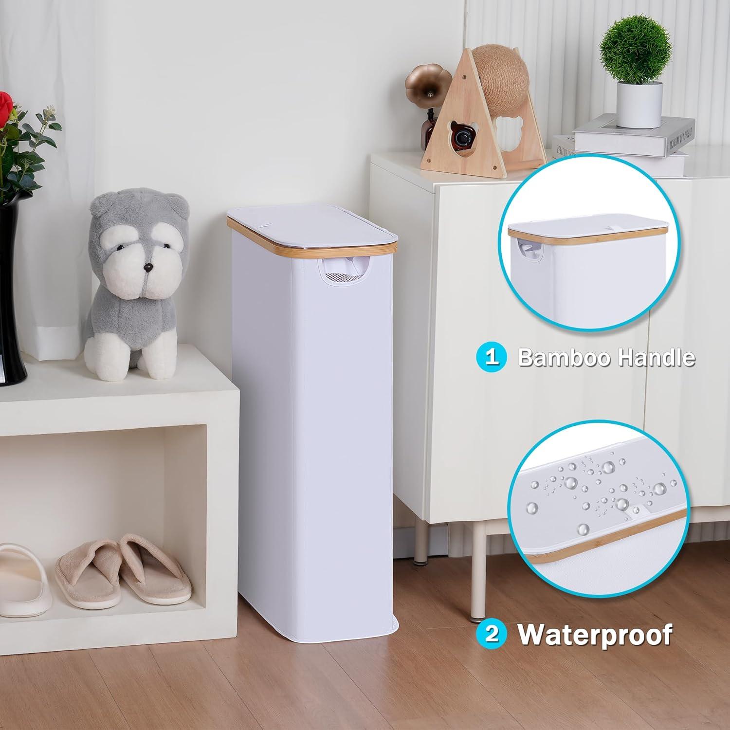 imageefluky Slim Laundry Basket with Lid Narrow Laundry Hamper with Removable Bag Skinny Dirty Clothes Basket with Bamboo Handles for Bathroom Bedroom amp Laundry Room 75L PinkWhite
