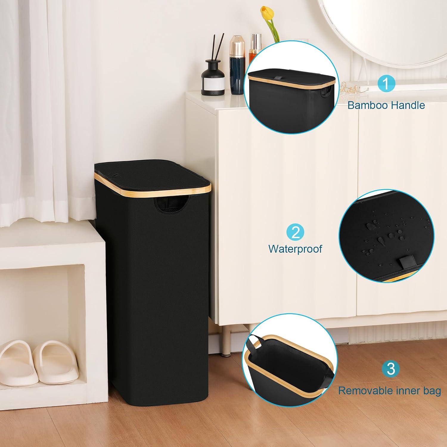 imageefluky Slim Laundry Basket with Lid Narrow Laundry Hamper with Removable Bag Skinny Dirty Clothes Basket with Bamboo Handles for Bathroom Bedroom amp Laundry Room 75L PinkBlack