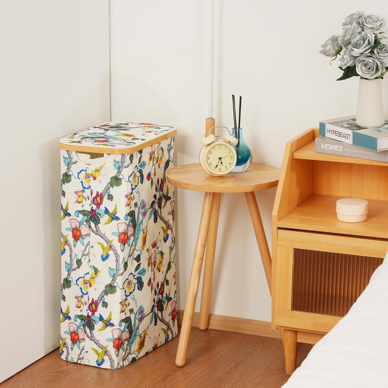 imageefluky Slim Laundry Basket with Lid Narrow Laundry Hamper with Removable Bag Skinny Dirty Clothes Basket with Bamboo Handles for Bathroom Bedroom amp Laundry Room 75L PinkFloral