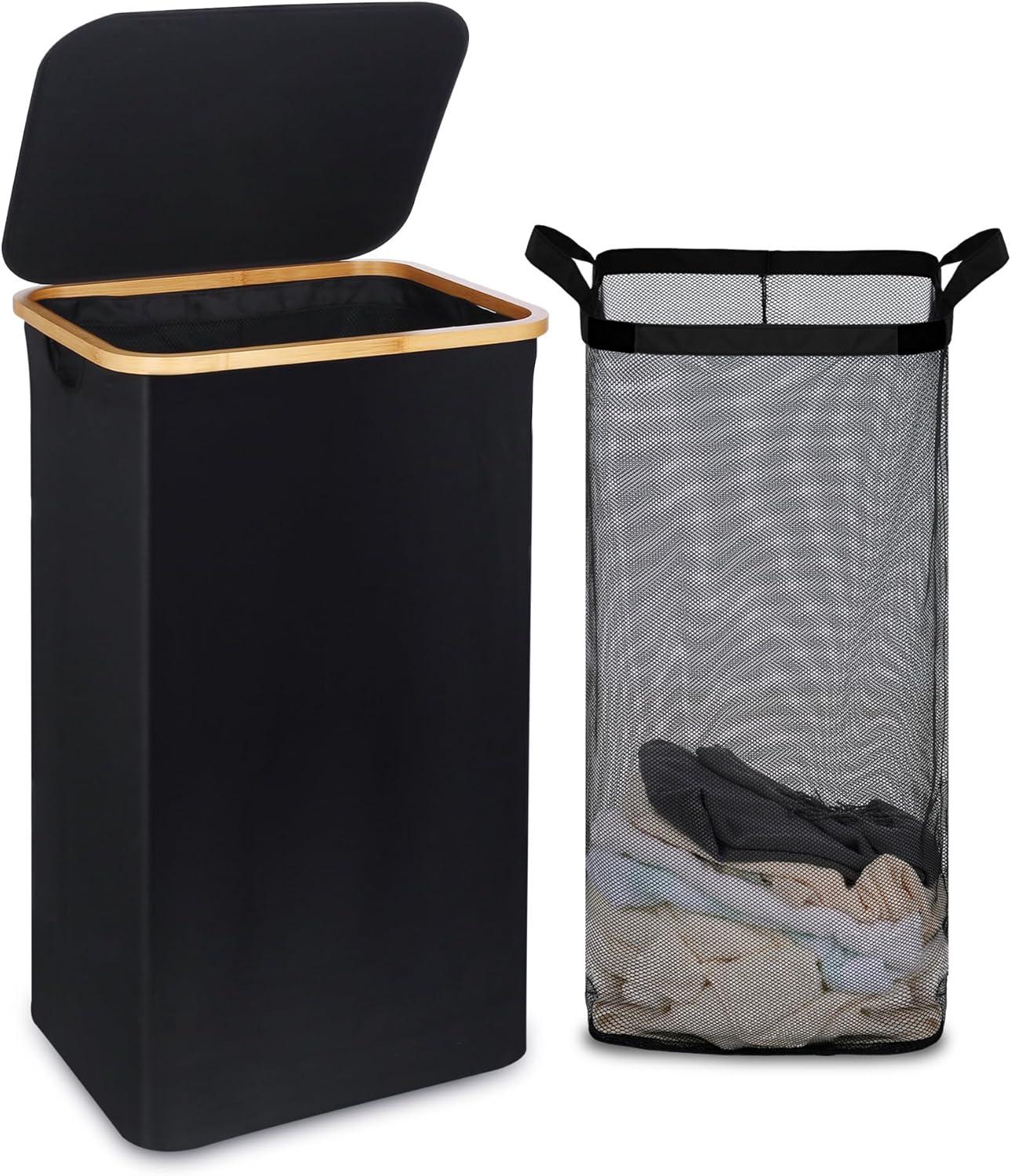 imageefluky Slim Laundry Basket with Lid Narrow Laundry Hamper with Removable Bag Skinny Dirty Clothes Basket with Bamboo Handles for Bathroom Bedroom amp Laundry Room 75L PinkBlack