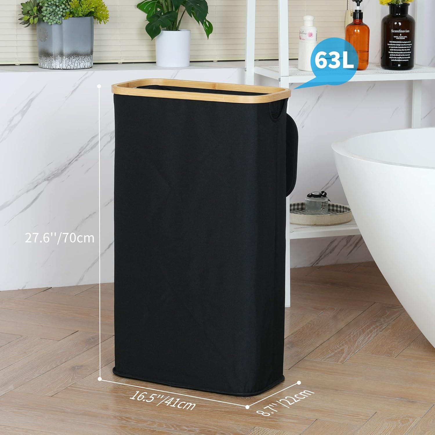 imageefluky Slim Laundry Basket with Lid Narrow Laundry Hamper with Removable Bag Skinny Dirty Clothes Basket with Bamboo Handles for Bathroom Bedroom amp Laundry Room 75L PinkBlack