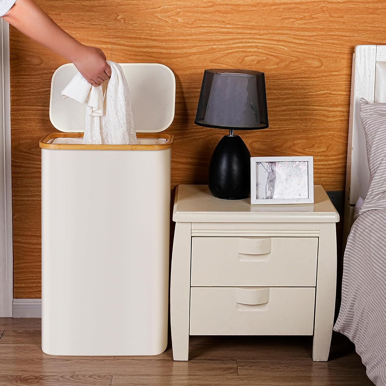 imageefluky Slim Laundry Basket with Lid Narrow Laundry Hamper with Removable Bag Skinny Dirty Clothes Basket with Bamboo Handles for Bathroom Bedroom amp Laundry Room 75L PinkBeige