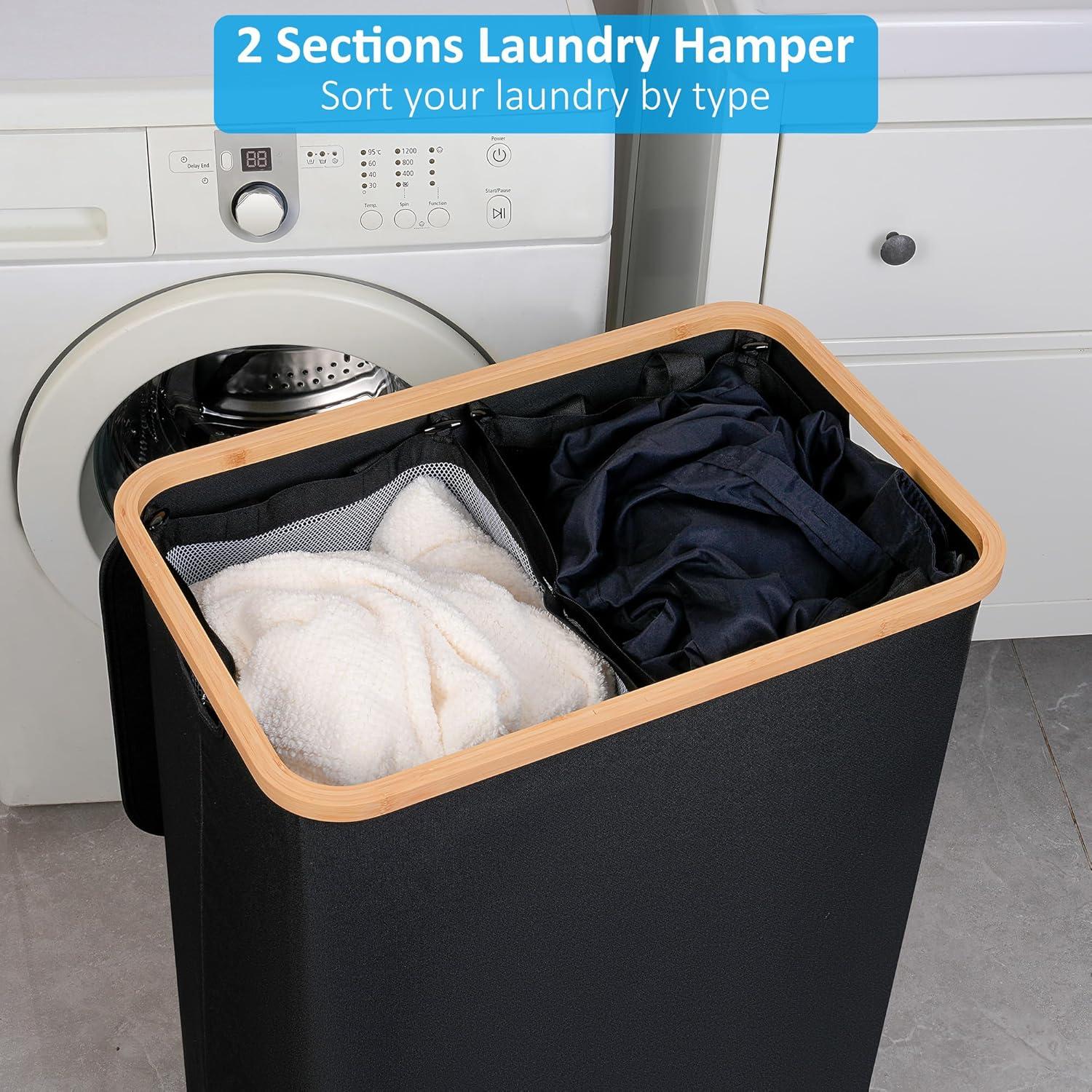 imageefluky Slim Laundry Basket with Lid Narrow Laundry Hamper with Removable Bag Skinny Dirty Clothes Basket with Bamboo Handles for Bathroom Bedroom amp Laundry Room 75L PinkBlack
