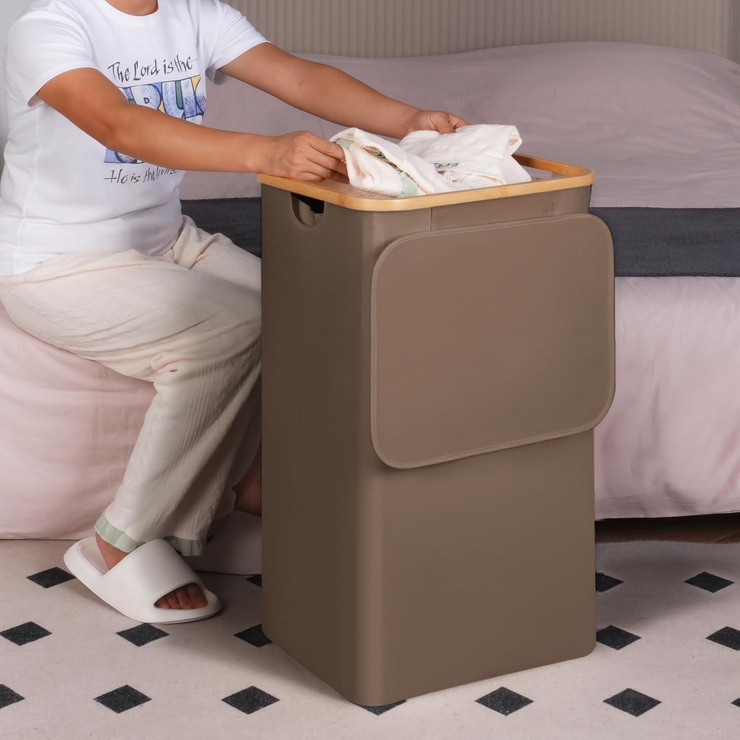 imageefluky Slim Laundry Basket with Lid Narrow Laundry Hamper with Removable Bag Skinny Dirty Clothes Basket with Bamboo Handles for Bathroom Bedroom amp Laundry Room 75L PinkBrown