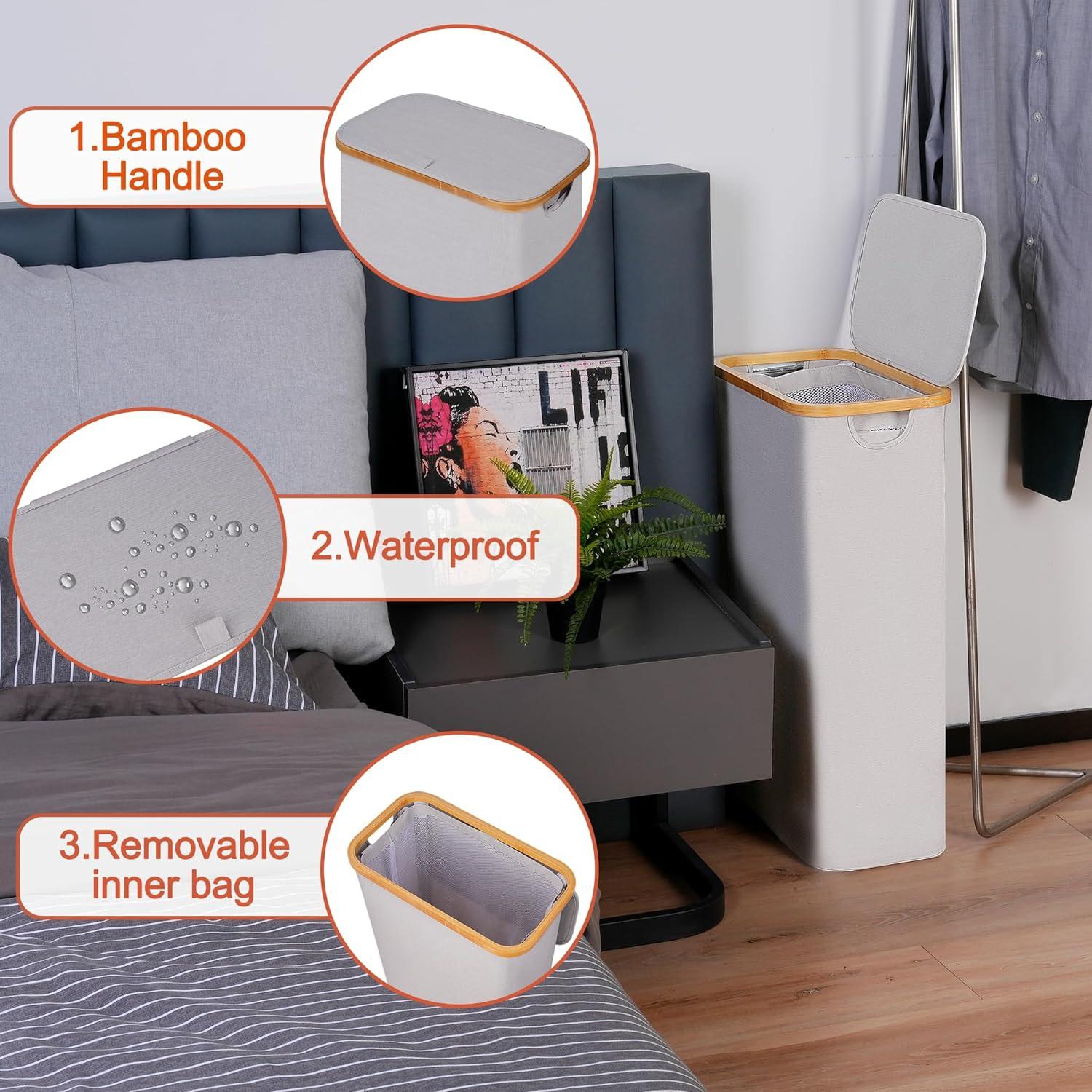 imageefluky Slim Laundry Basket with Lid Narrow Laundry Hamper with Removable Bag Skinny Dirty Clothes Basket with Bamboo Handles for Bathroom Bedroom amp Laundry Room 75L PinkLight Grey