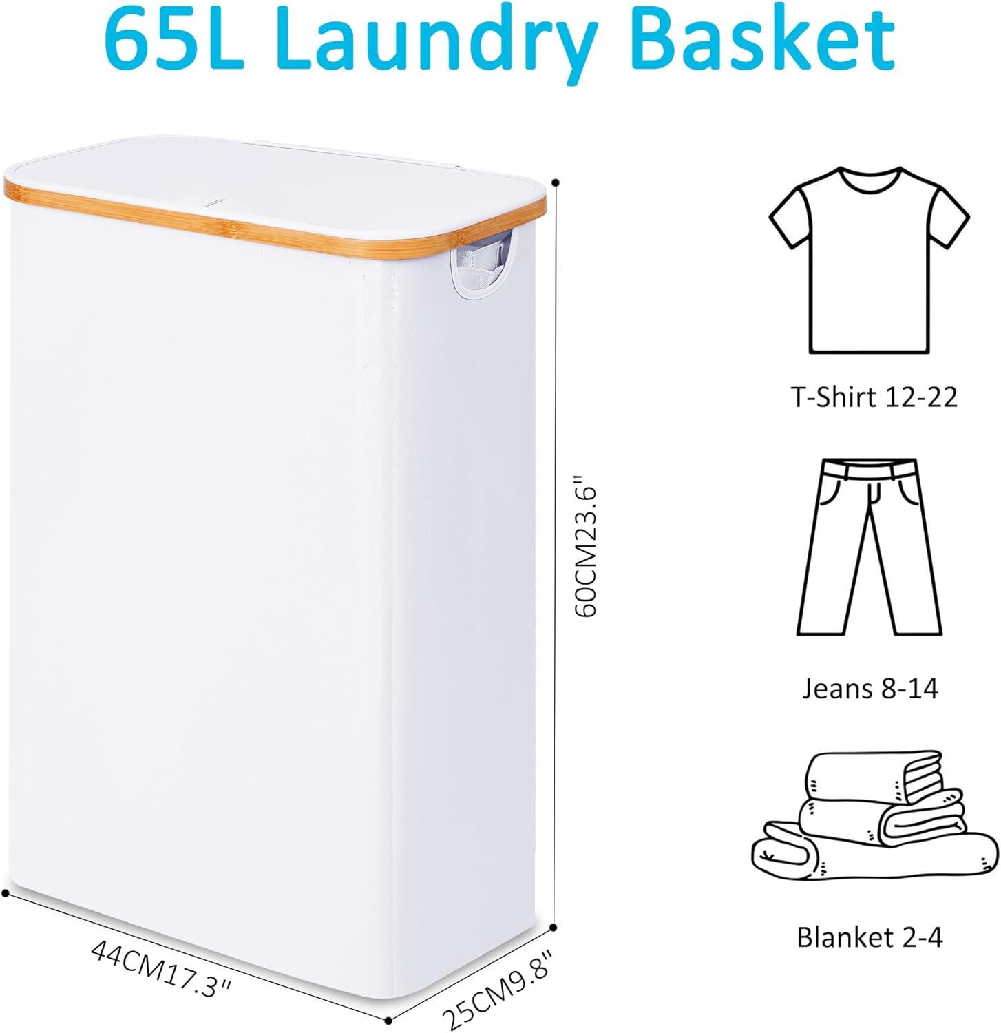 imageefluky Slim Laundry Basket with Lid Narrow Laundry Hamper with Removable Bag Skinny Dirty Clothes Basket with Bamboo Handles for Bathroom Bedroom amp Laundry Room 75L PinkWhite
