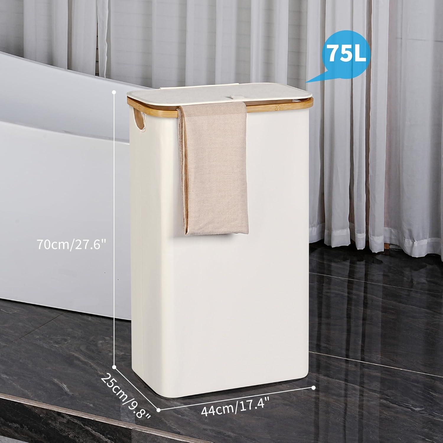 imageefluky Slim Laundry Basket with Lid Narrow Laundry Hamper with Removable Bag Skinny Dirty Clothes Basket with Bamboo Handles for Bathroom Bedroom amp Laundry Room 75L PinkBeige