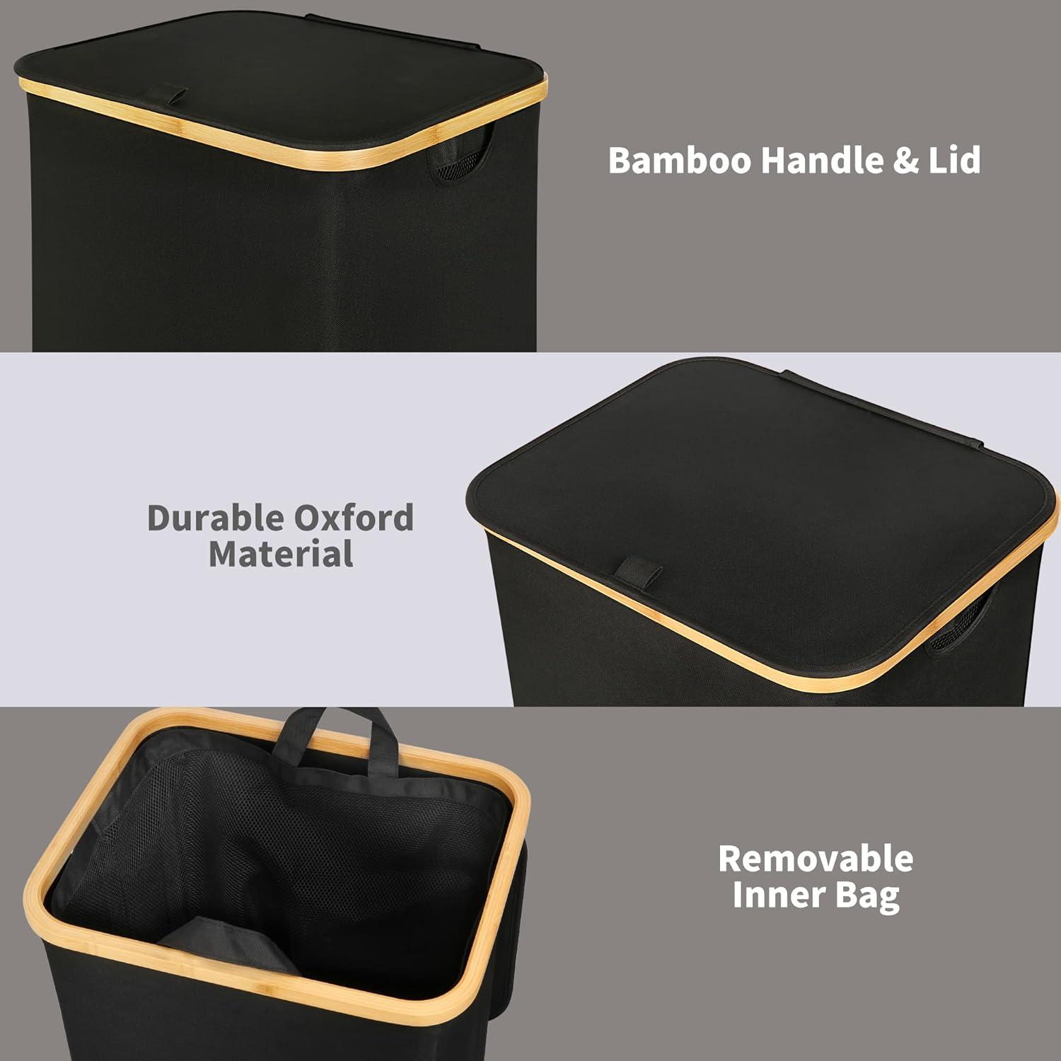 imageefluky Slim Laundry Basket with Lid Narrow Laundry Hamper with Removable Bag Skinny Dirty Clothes Basket with Bamboo Handles for Bathroom Bedroom amp Laundry Room 75L PinkBlack