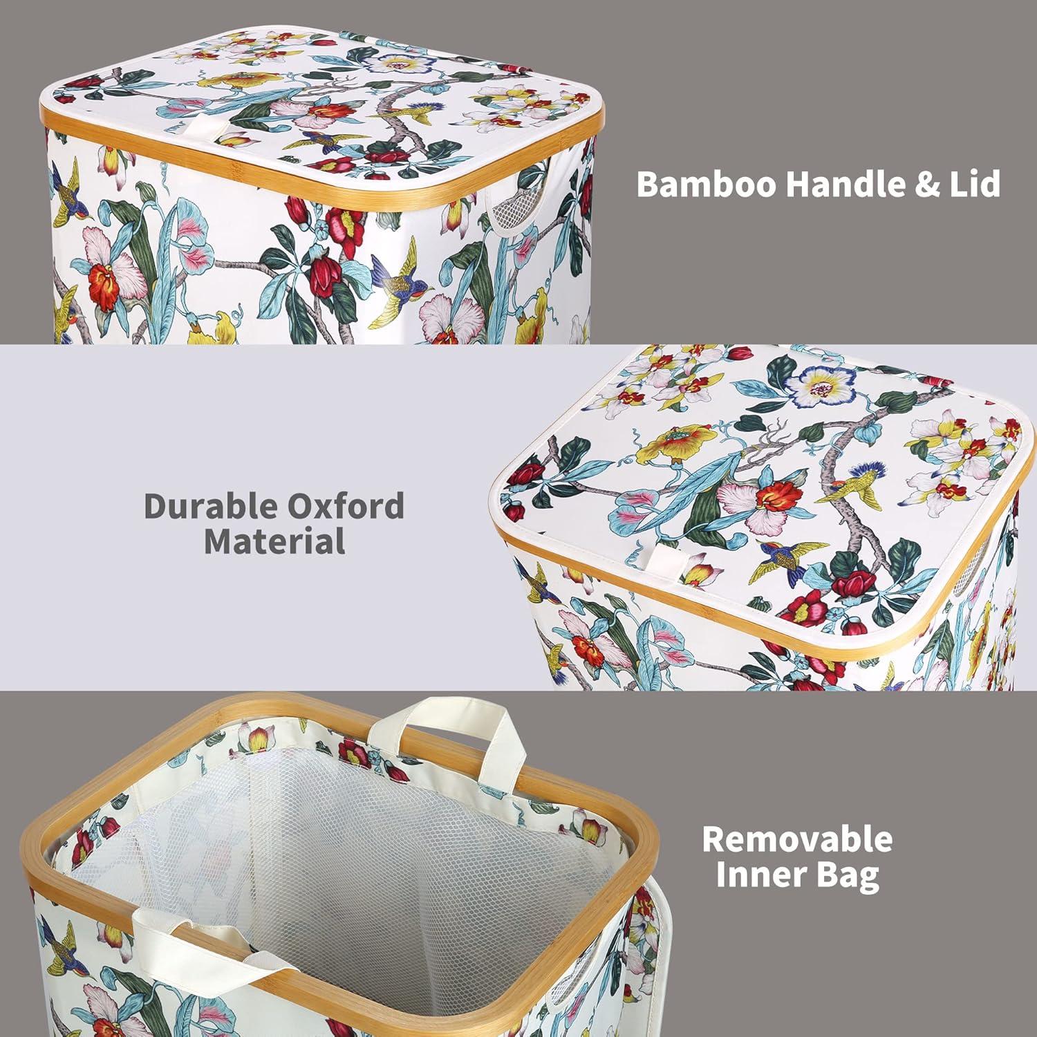 imageefluky Slim Laundry Basket with Lid Narrow Laundry Hamper with Removable Bag Skinny Dirty Clothes Basket with Bamboo Handles for Bathroom Bedroom amp Laundry Room 75L PinkFloral
