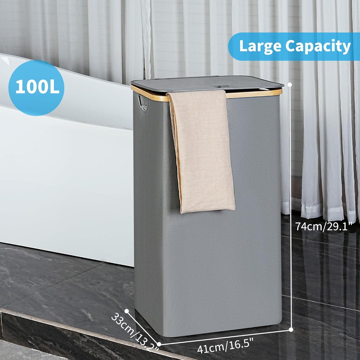 imageefluky Slim Laundry Basket with Lid Narrow Laundry Hamper with Removable Bag Skinny Dirty Clothes Basket with Bamboo Handles for Bathroom Bedroom amp Laundry Room 75L PinkSilver Grey