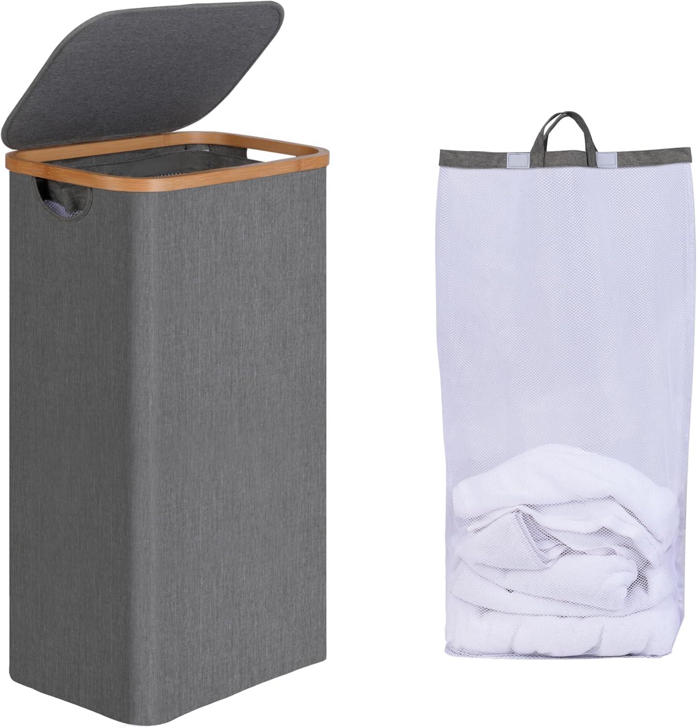 imageefluky Slim Laundry Basket with Lid Narrow Laundry Hamper with Removable Bag Skinny Dirty Clothes Basket with Bamboo Handles for Bathroom Bedroom amp Laundry Room 75L PinkGrey