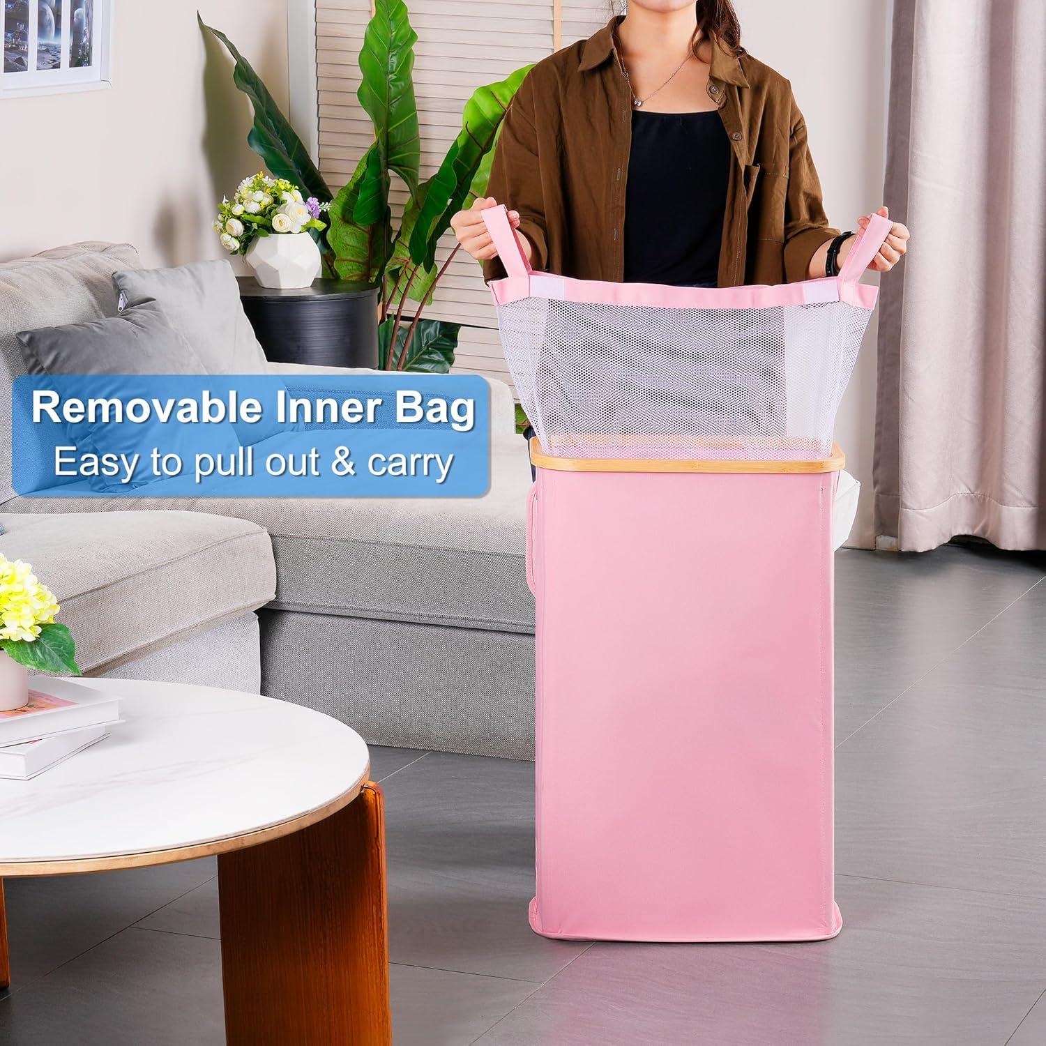 imageefluky Slim Laundry Basket with Lid Narrow Laundry Hamper with Removable Bag Skinny Dirty Clothes Basket with Bamboo Handles for Bathroom Bedroom amp Laundry Room 75L PinkPink