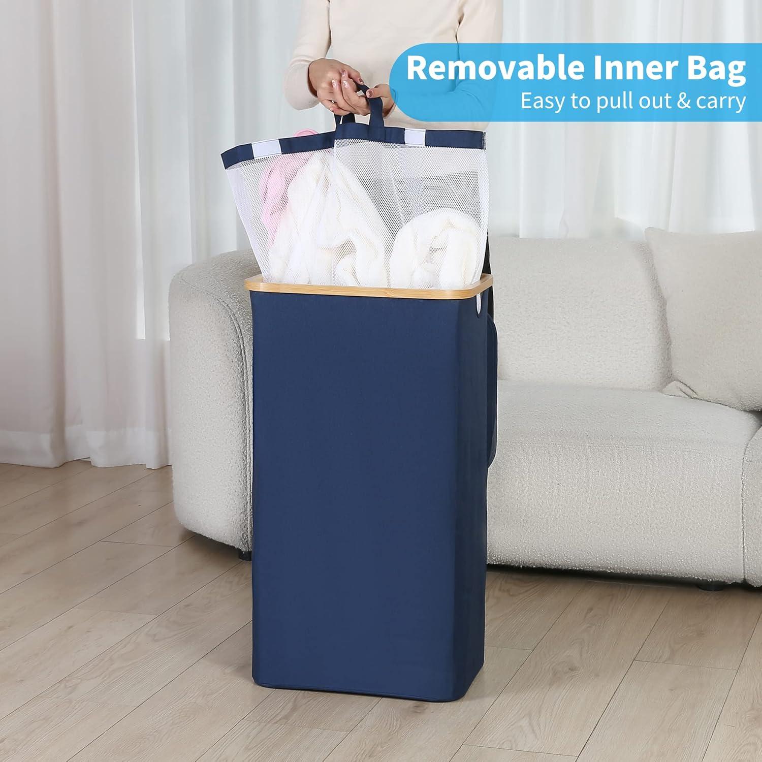 imageefluky Slim Laundry Basket with Lid Narrow Laundry Hamper with Removable Bag Skinny Dirty Clothes Basket with Bamboo Handles for Bathroom Bedroom amp Laundry Room 75L PinkBlue