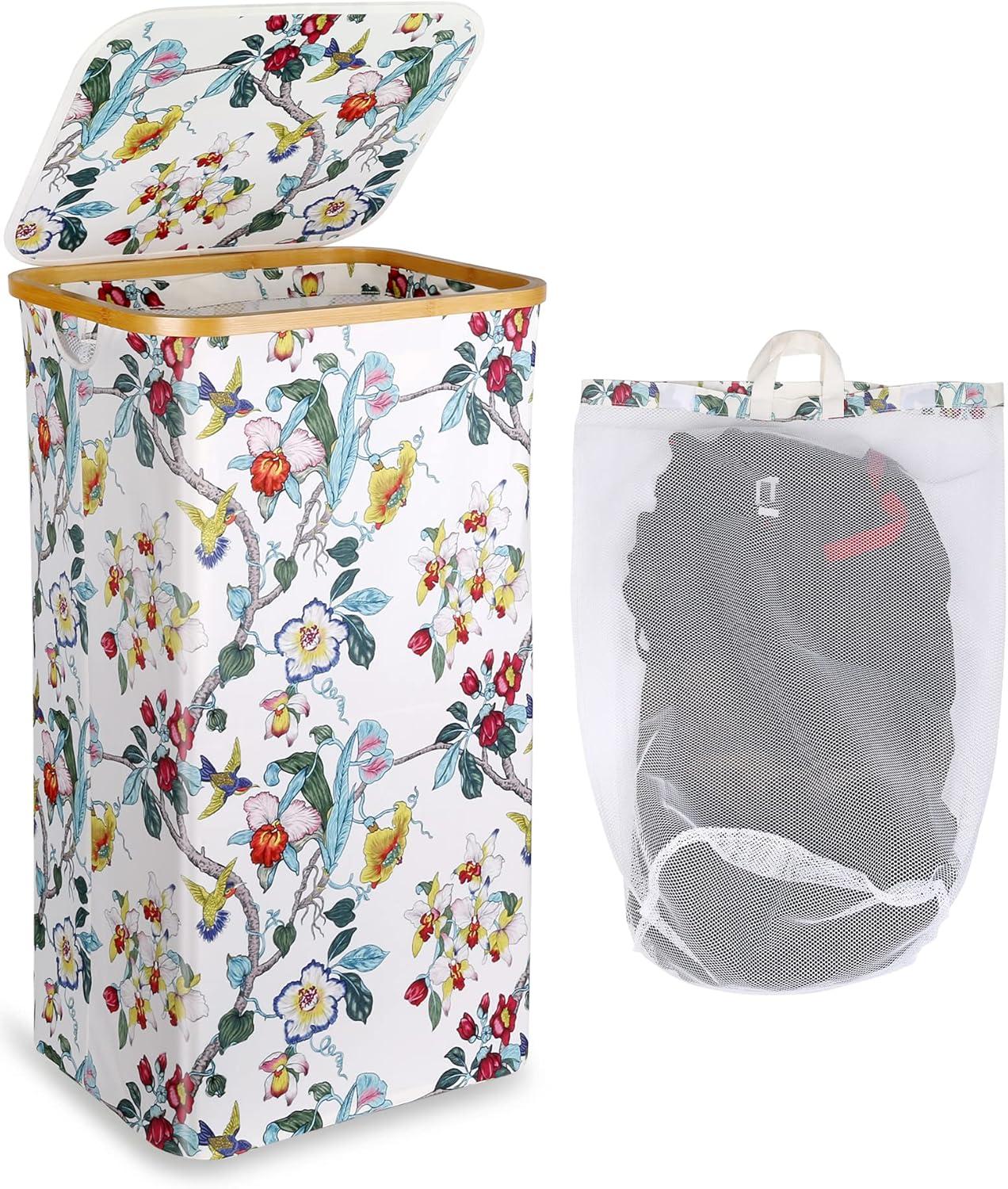 imageefluky Slim Laundry Basket with Lid Narrow Laundry Hamper with Removable Bag Skinny Dirty Clothes Basket with Bamboo Handles for Bathroom Bedroom amp Laundry Room 75L PinkFloral