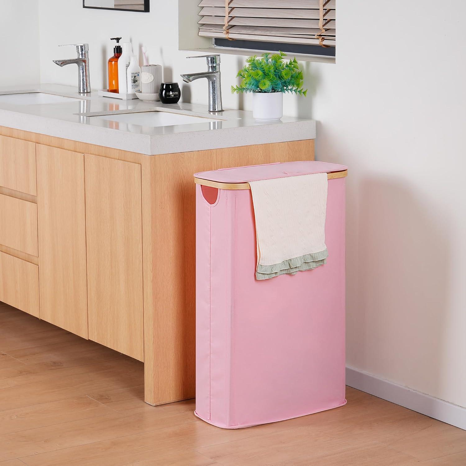 imageefluky Slim Laundry Basket with Lid Narrow Laundry Hamper with Removable Bag Skinny Dirty Clothes Basket with Bamboo Handles for Bathroom Bedroom amp Laundry Room 75L PinkPink