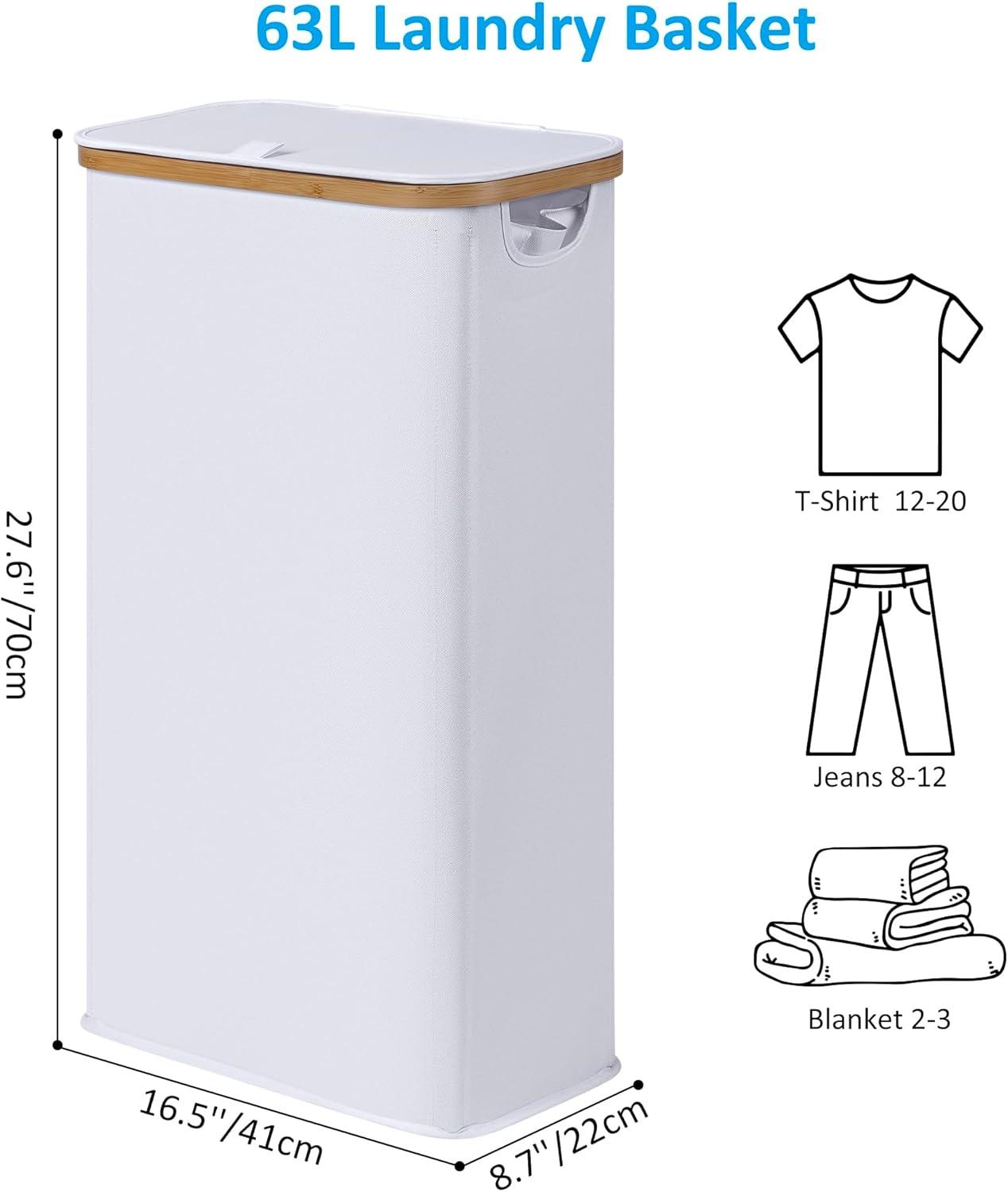imageefluky Slim Laundry Basket with Lid Narrow Laundry Hamper with Removable Bag Skinny Dirty Clothes Basket with Bamboo Handles for Bathroom Bedroom amp Laundry Room 75L PinkWhite