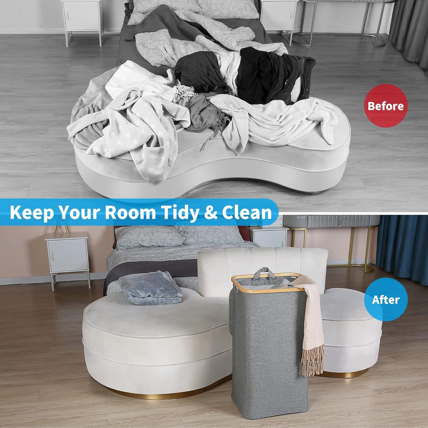 imageefluky Slim Laundry Basket with Lid Narrow Laundry Hamper with Removable Bag Skinny Dirty Clothes Basket with Bamboo Handles for Bathroom Bedroom amp Laundry Room 75L PinkGrey