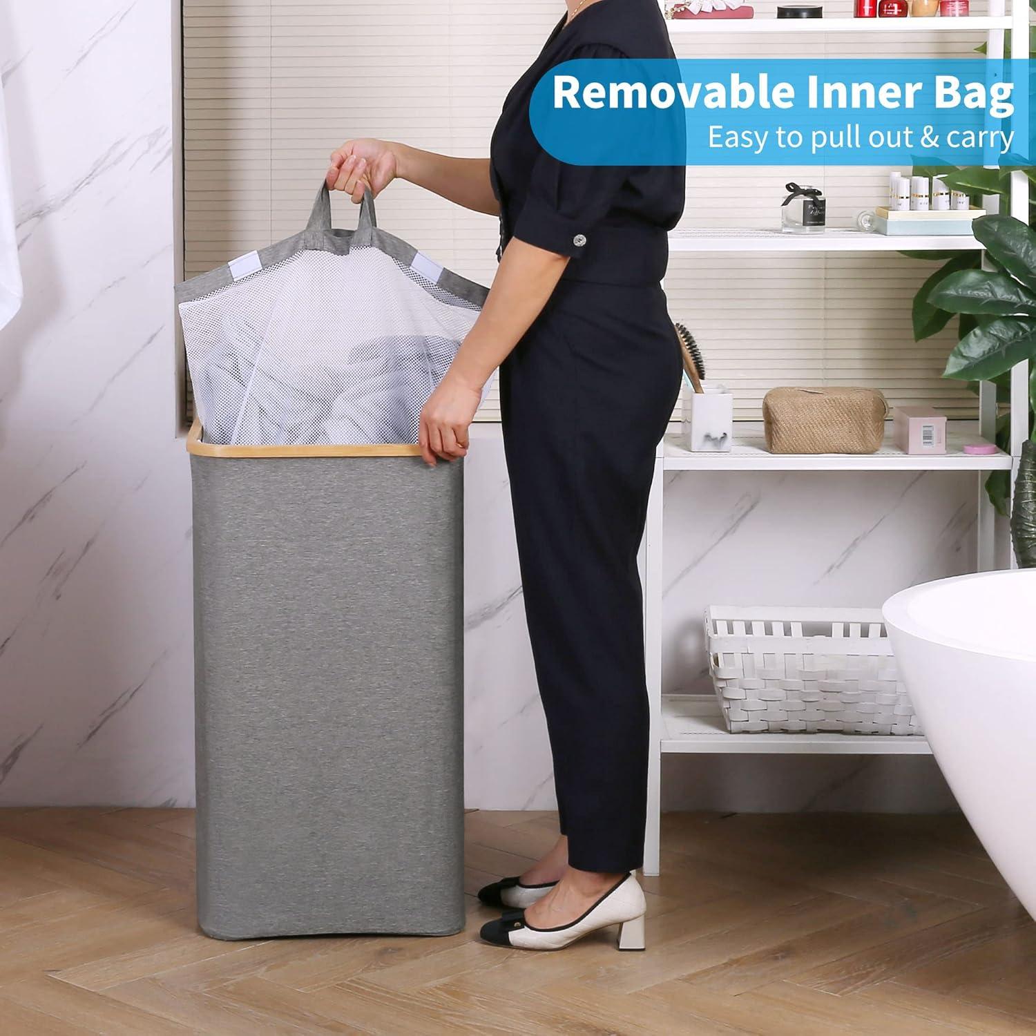imageefluky Slim Laundry Basket with Lid Narrow Laundry Hamper with Removable Bag Skinny Dirty Clothes Basket with Bamboo Handles for Bathroom Bedroom amp Laundry Room 75L PinkGrey