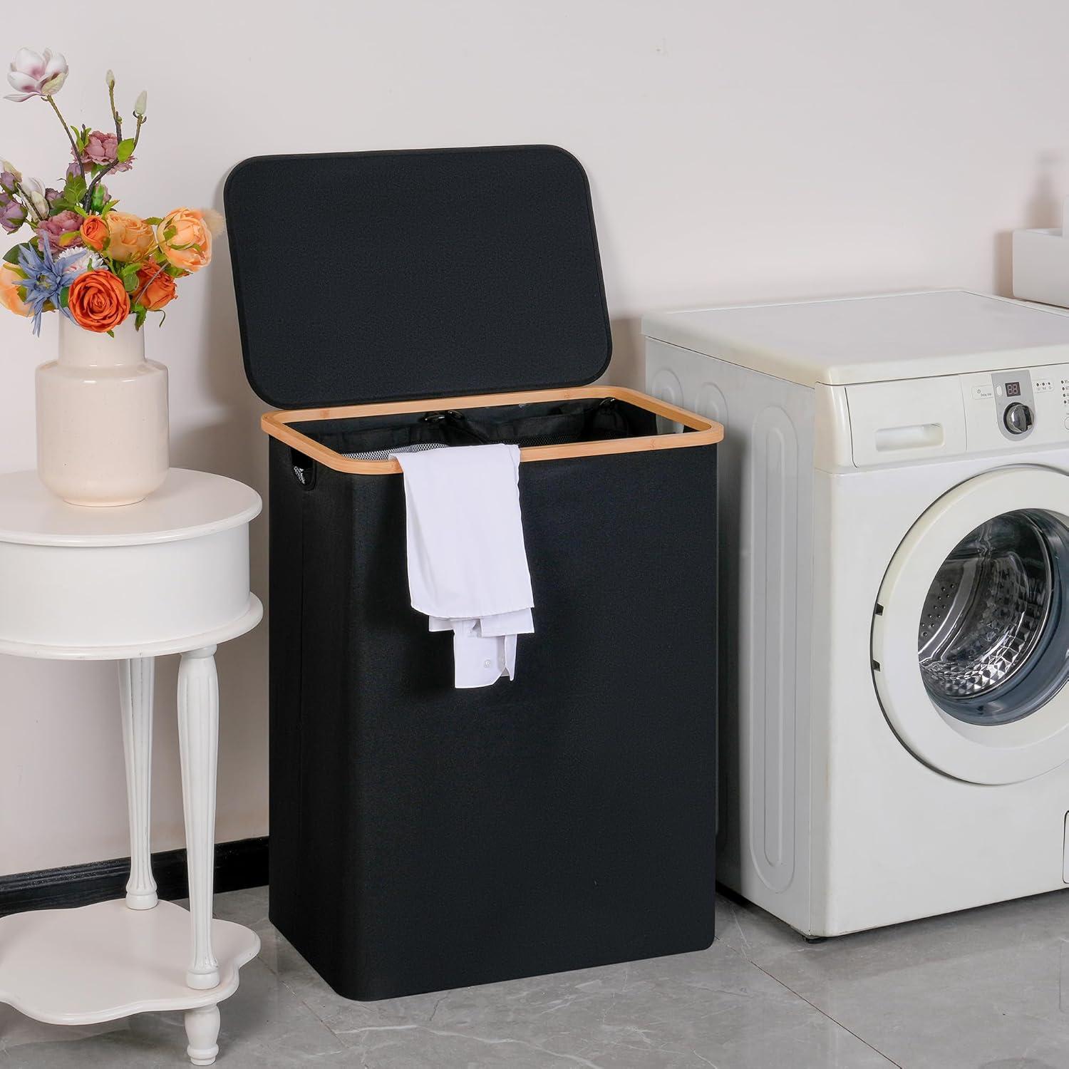 imageefluky Slim Laundry Basket with Lid Narrow Laundry Hamper with Removable Bag Skinny Dirty Clothes Basket with Bamboo Handles for Bathroom Bedroom amp Laundry Room 75L PinkBlack