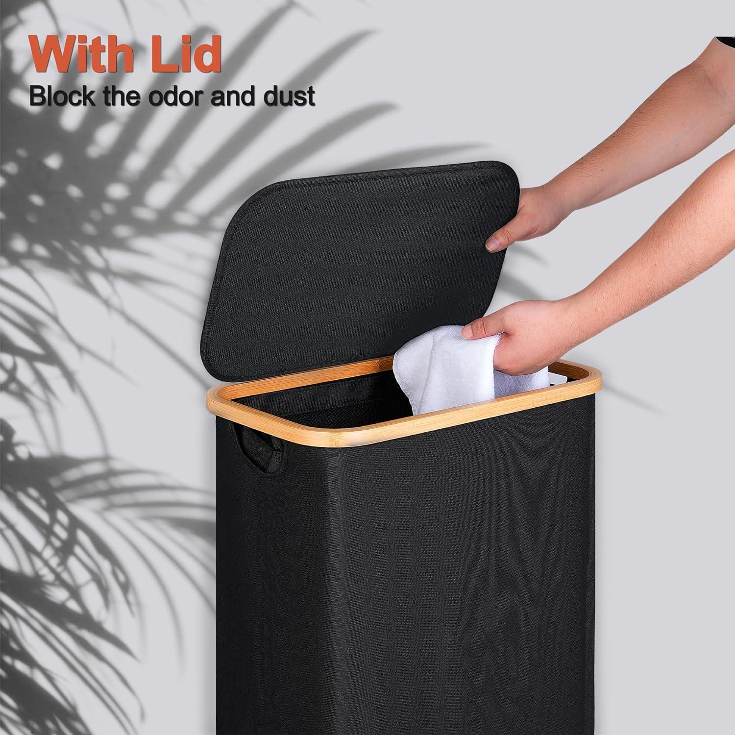 imageefluky Slim Laundry Basket with Lid Narrow Laundry Hamper with Removable Bag Skinny Dirty Clothes Basket with Bamboo Handles for Bathroom Bedroom amp Laundry Room 75L PinkBlack
