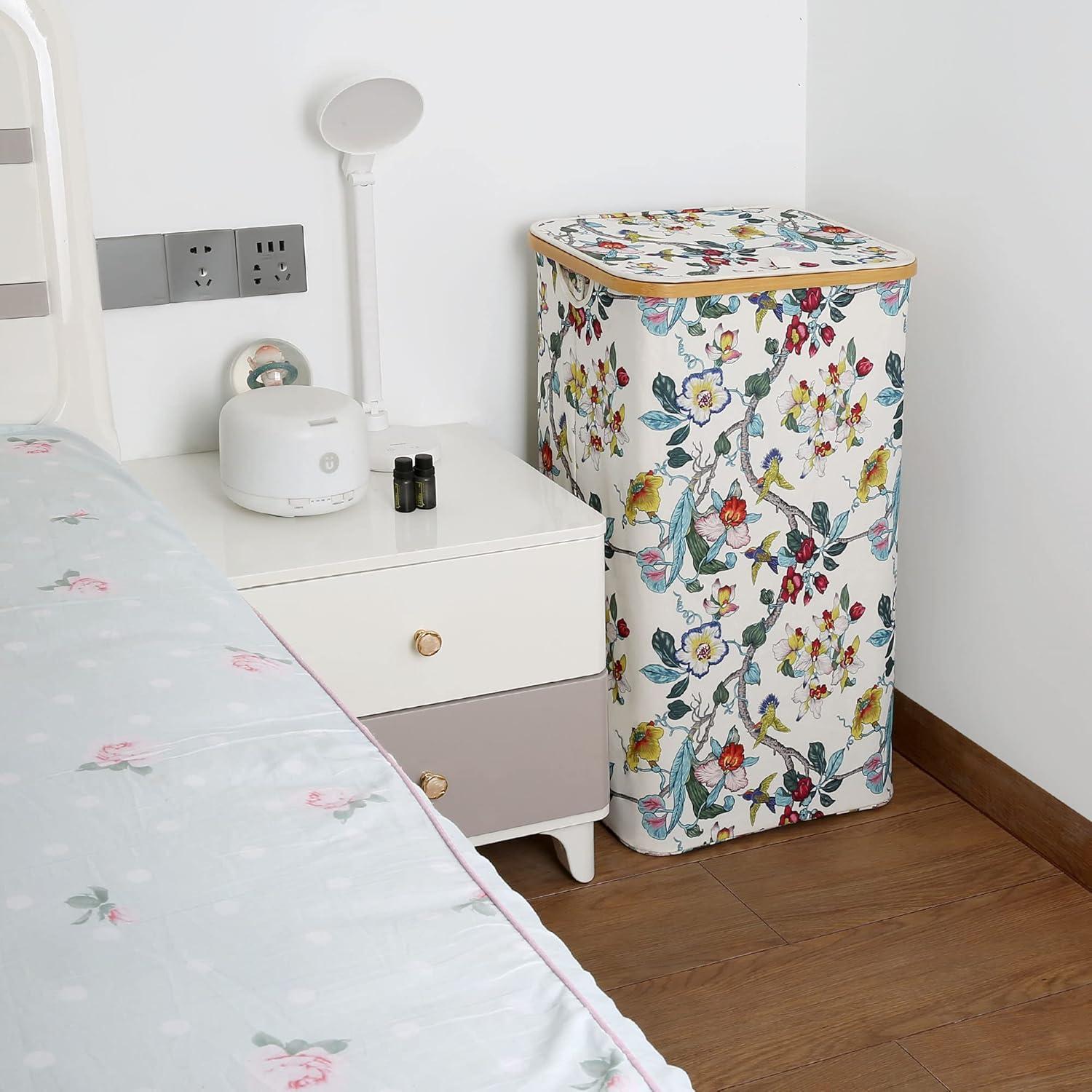 imageefluky Slim Laundry Basket with Lid Narrow Laundry Hamper with Removable Bag Skinny Dirty Clothes Basket with Bamboo Handles for Bathroom Bedroom amp Laundry Room 75L PinkFloral