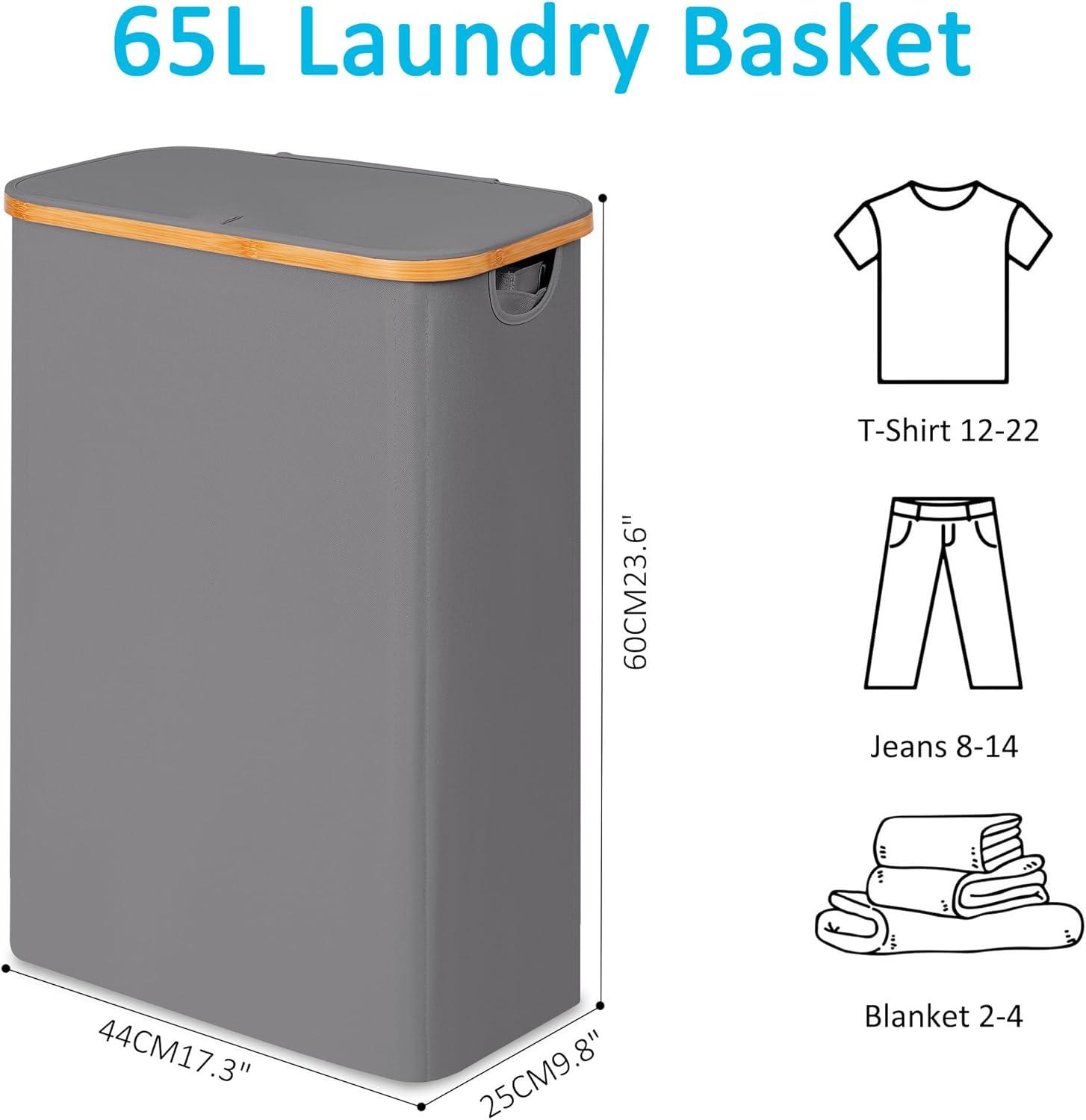 imageefluky Slim Laundry Basket with Lid Narrow Laundry Hamper with Removable Bag Skinny Dirty Clothes Basket with Bamboo Handles for Bathroom Bedroom amp Laundry Room 75L PinkGrey