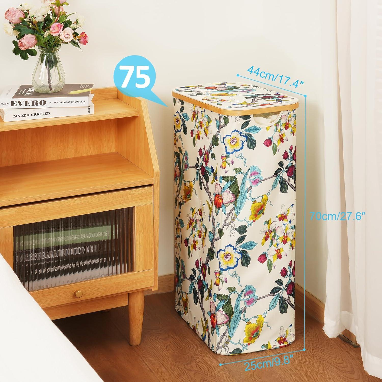 imageefluky Slim Laundry Basket with Lid Narrow Laundry Hamper with Removable Bag Skinny Dirty Clothes Basket with Bamboo Handles for Bathroom Bedroom amp Laundry Room 75L PinkFloral