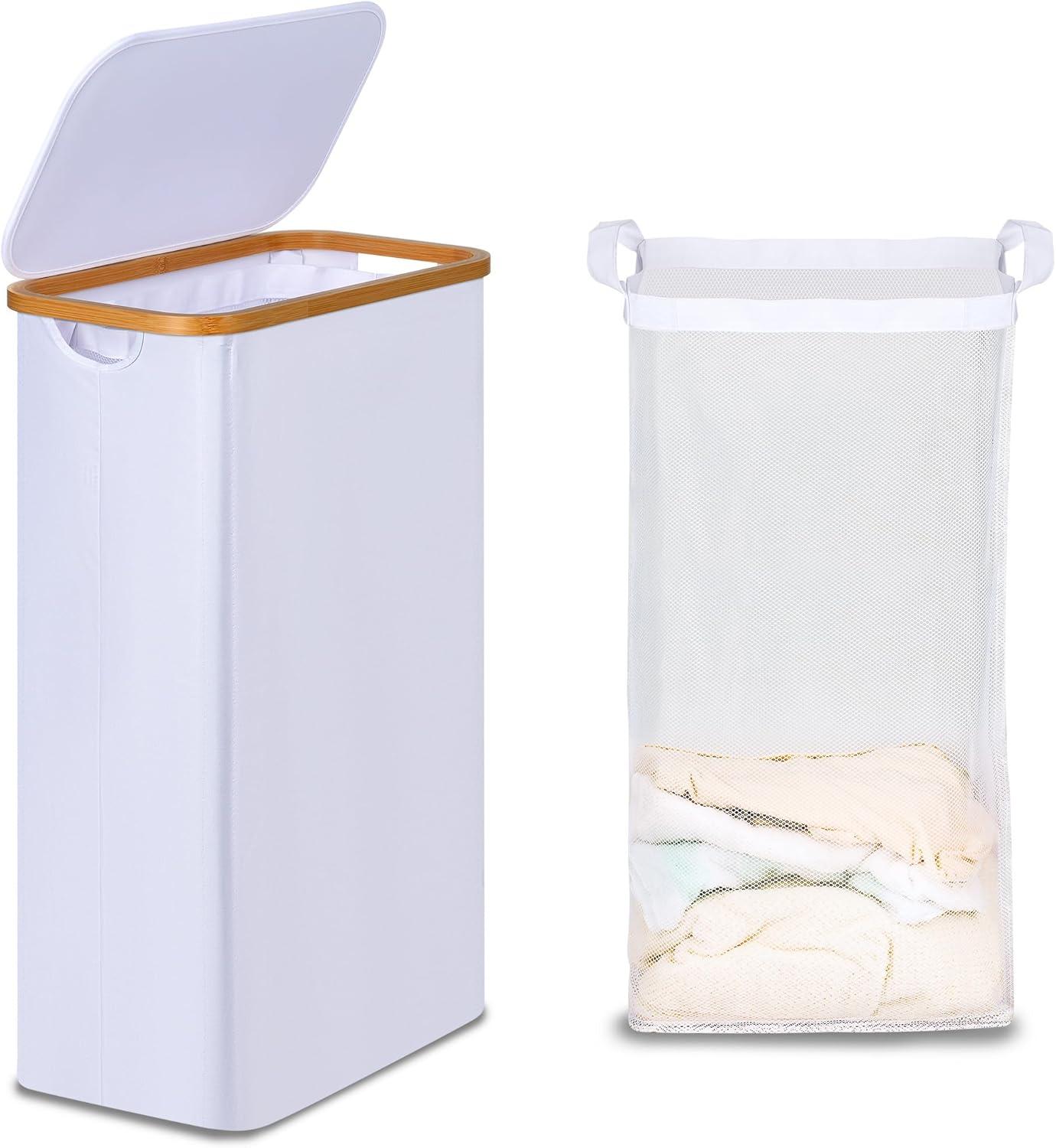 imageefluky Slim Laundry Basket with Lid Narrow Laundry Hamper with Removable Bag Skinny Dirty Clothes Basket with Bamboo Handles for Bathroom Bedroom amp Laundry Room 75L PinkWhite