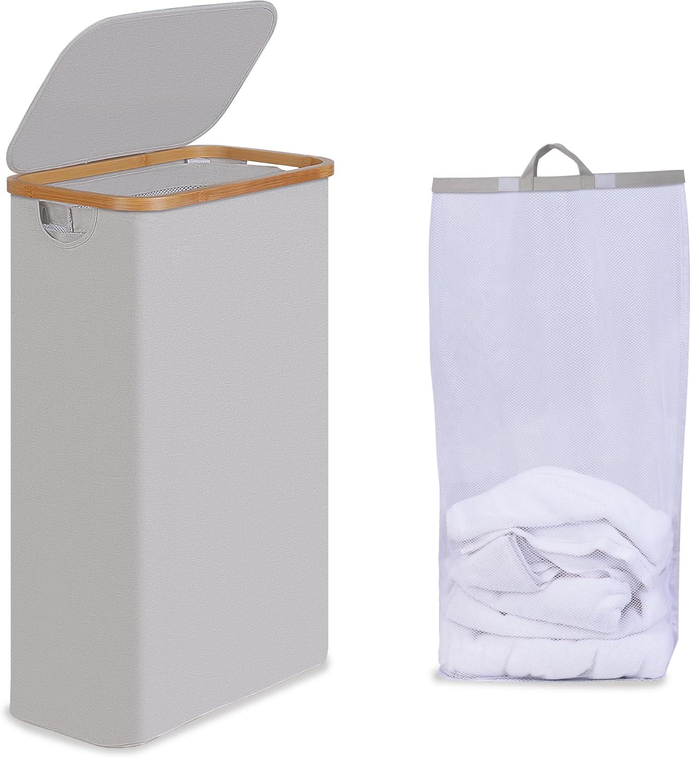 imageefluky Slim Laundry Basket with Lid Narrow Laundry Hamper with Removable Bag Skinny Dirty Clothes Basket with Bamboo Handles for Bathroom Bedroom amp Laundry Room 75L PinkLight Grey