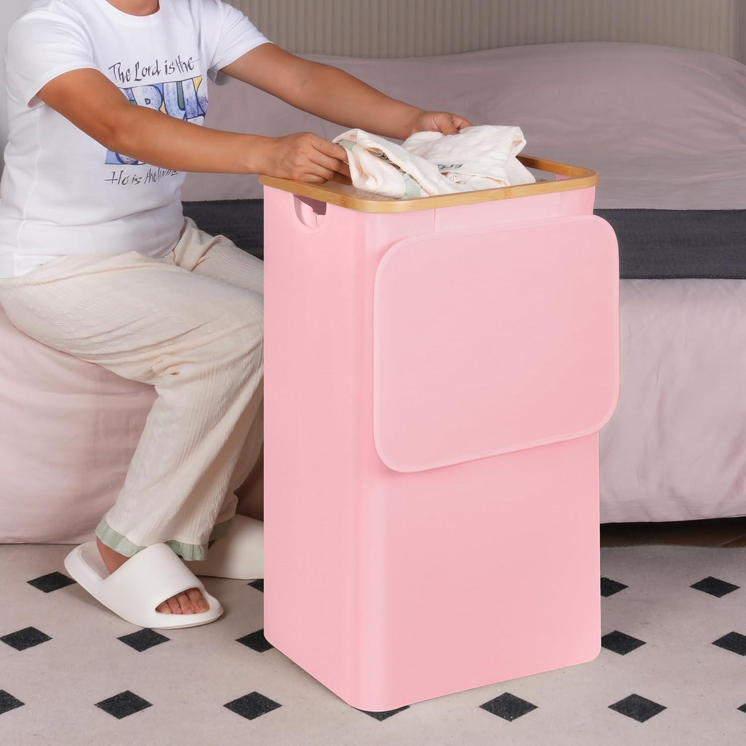 imageefluky Slim Laundry Basket with Lid Narrow Laundry Hamper with Removable Bag Skinny Dirty Clothes Basket with Bamboo Handles for Bathroom Bedroom amp Laundry Room 75L PinkPastel