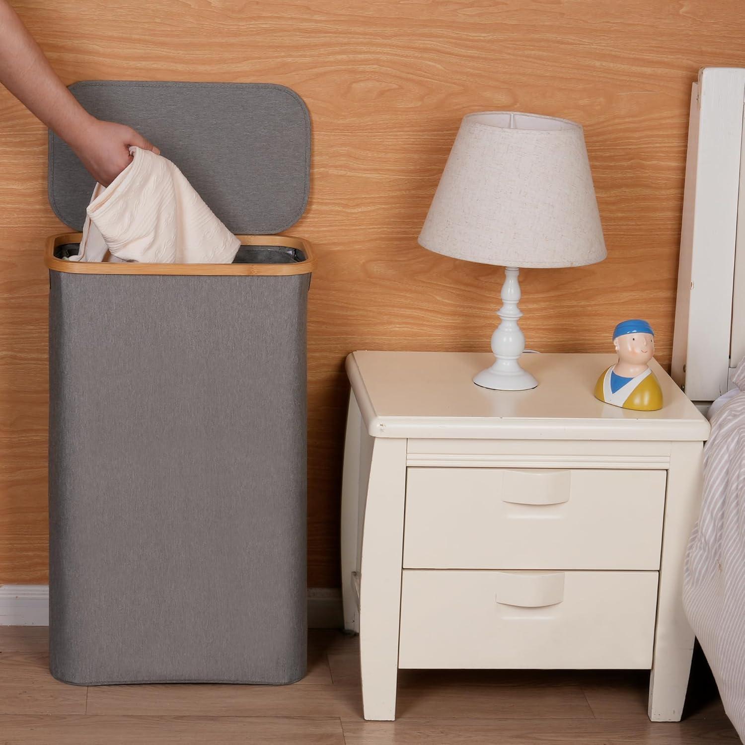 imageefluky Slim Laundry Basket with Lid Narrow Laundry Hamper with Removable Bag Skinny Dirty Clothes Basket with Bamboo Handles for Bathroom Bedroom amp Laundry Room 75L PinkGrey
