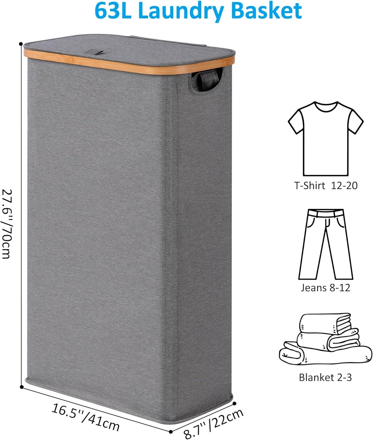 imageefluky Slim Laundry Basket with Lid Narrow Laundry Hamper with Removable Bag Skinny Dirty Clothes Basket with Bamboo Handles for Bathroom Bedroom amp Laundry Room 75L PinkGrey