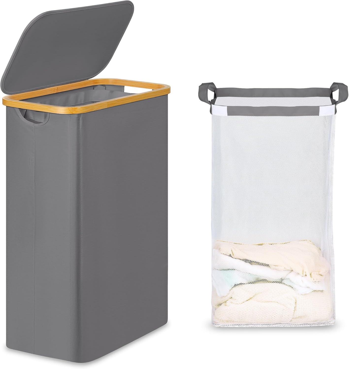 imageefluky Slim Laundry Basket with Lid Narrow Laundry Hamper with Removable Bag Skinny Dirty Clothes Basket with Bamboo Handles for Bathroom Bedroom amp Laundry Room 75L PinkGrey