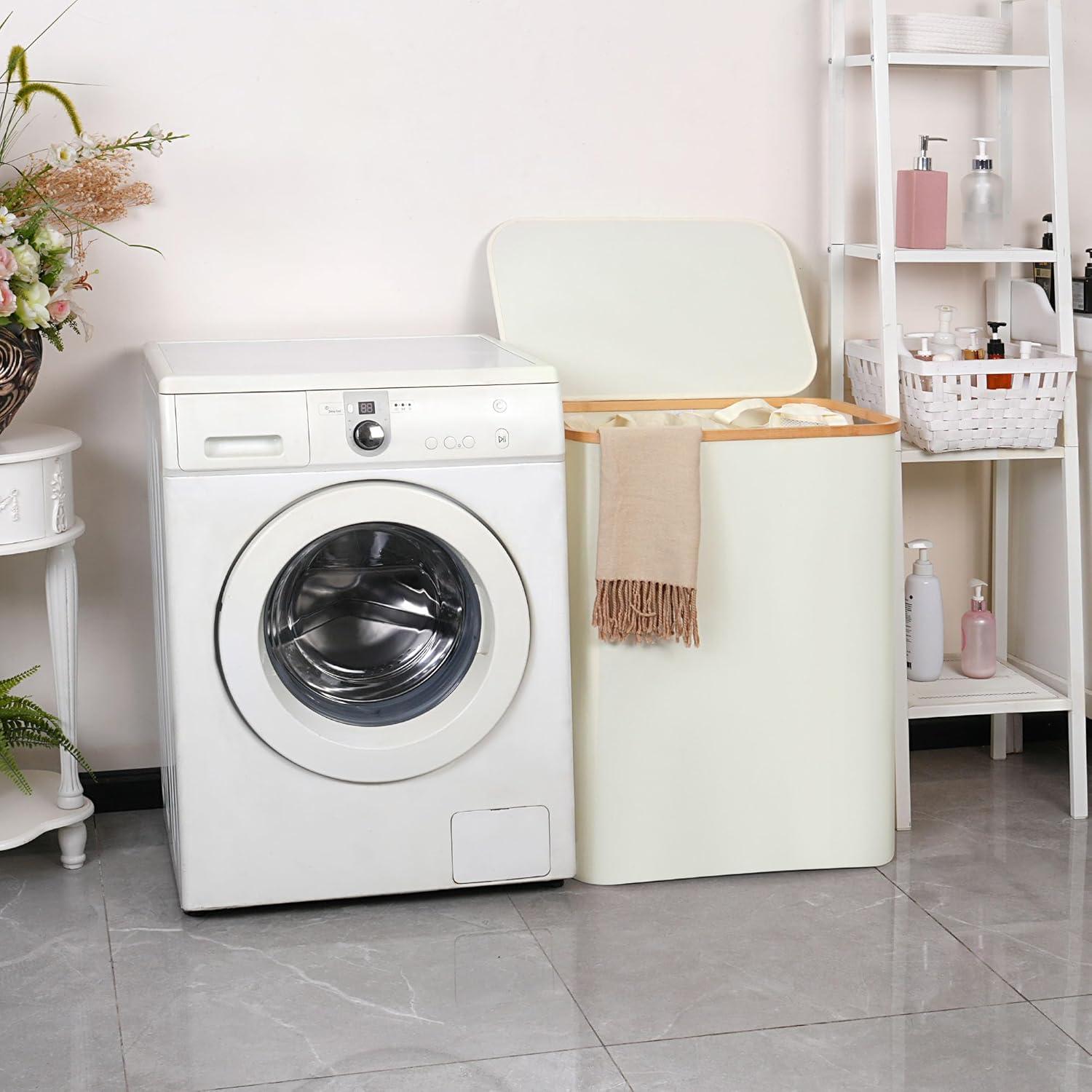 imageefluky Slim Laundry Basket with Lid Narrow Laundry Hamper with Removable Bag Skinny Dirty Clothes Basket with Bamboo Handles for Bathroom Bedroom amp Laundry Room 75L PinkBeige
