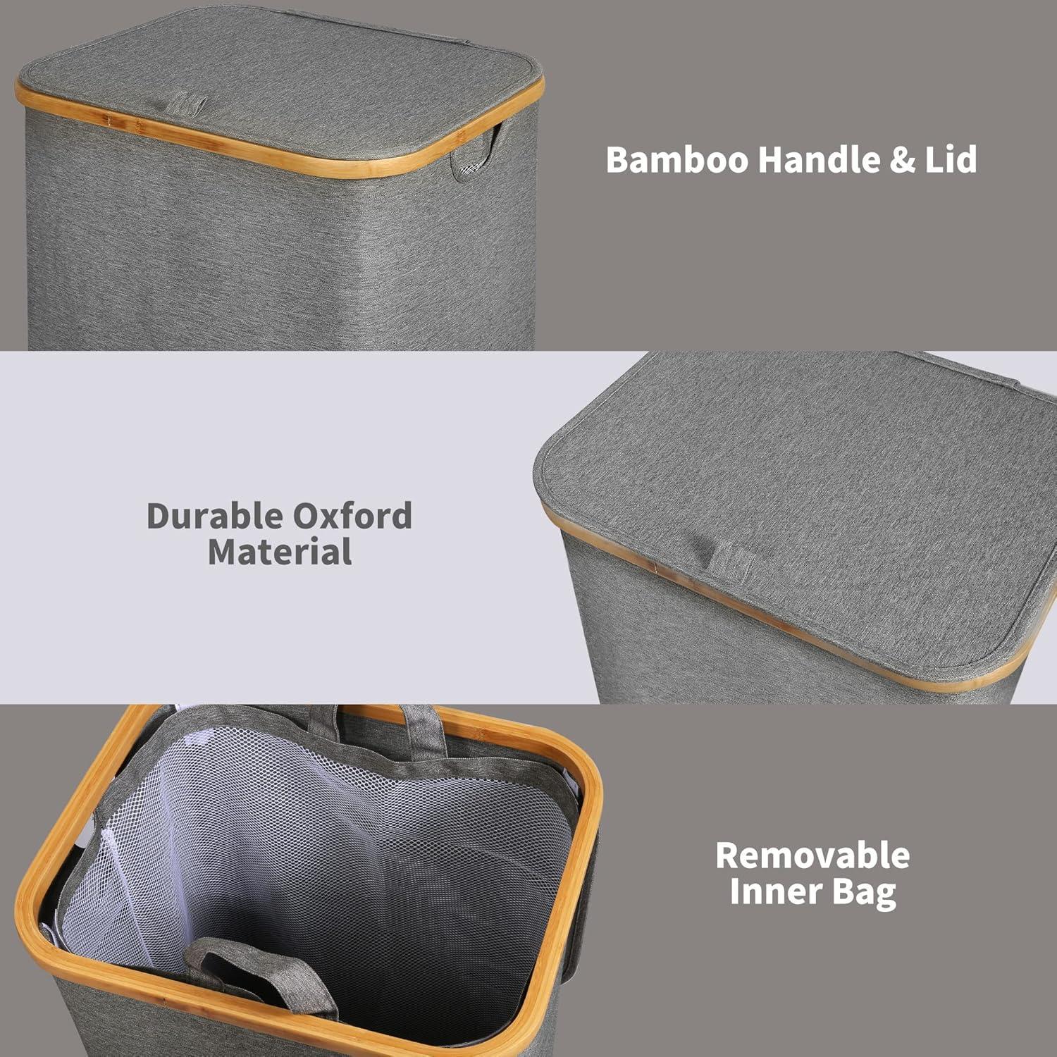 imageefluky Slim Laundry Basket with Lid Narrow Laundry Hamper with Removable Bag Skinny Dirty Clothes Basket with Bamboo Handles for Bathroom Bedroom amp Laundry Room 75L PinkGrey