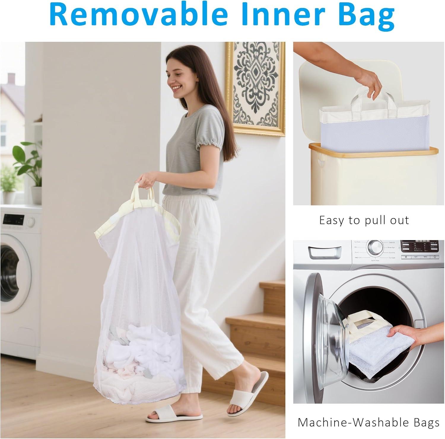 imageefluky Slim Laundry Basket with Lid Narrow Laundry Hamper with Removable Bag Skinny Dirty Clothes Basket with Bamboo Handles for Bathroom Bedroom amp Laundry Room 75L PinkBeige
