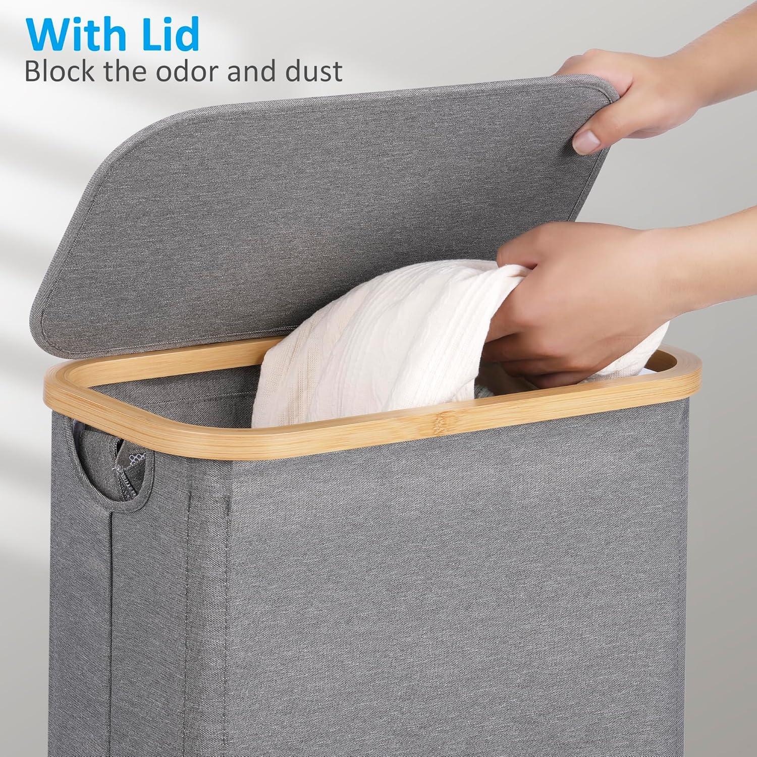 imageefluky Slim Laundry Basket with Lid Narrow Laundry Hamper with Removable Bag Skinny Dirty Clothes Basket with Bamboo Handles for Bathroom Bedroom amp Laundry Room 75L PinkGrey